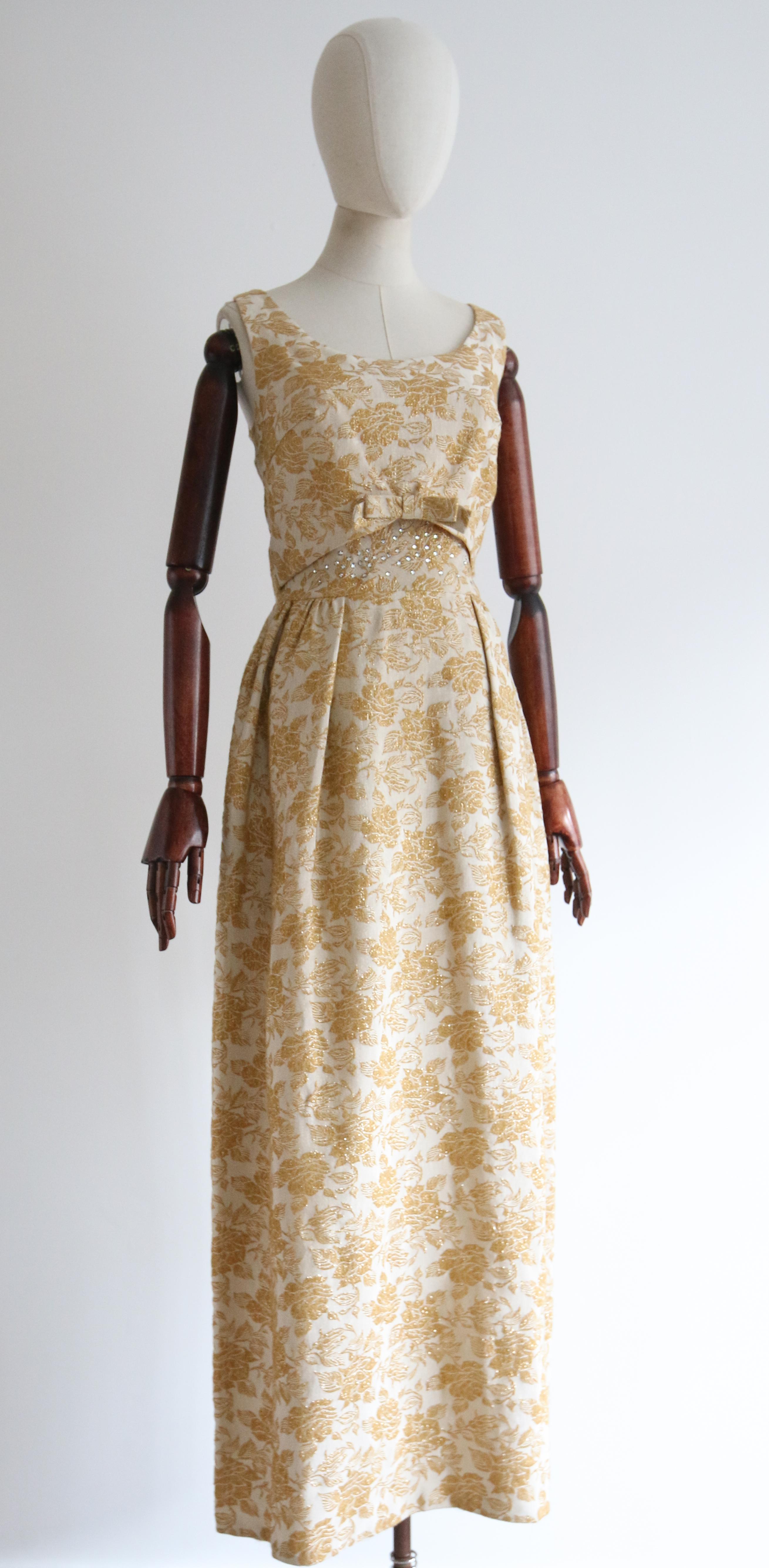 Women's or Men's  Vintage 1960's Gold Lurex Brocade & Rhinestone Evening Gown UK 8 US 4 For Sale