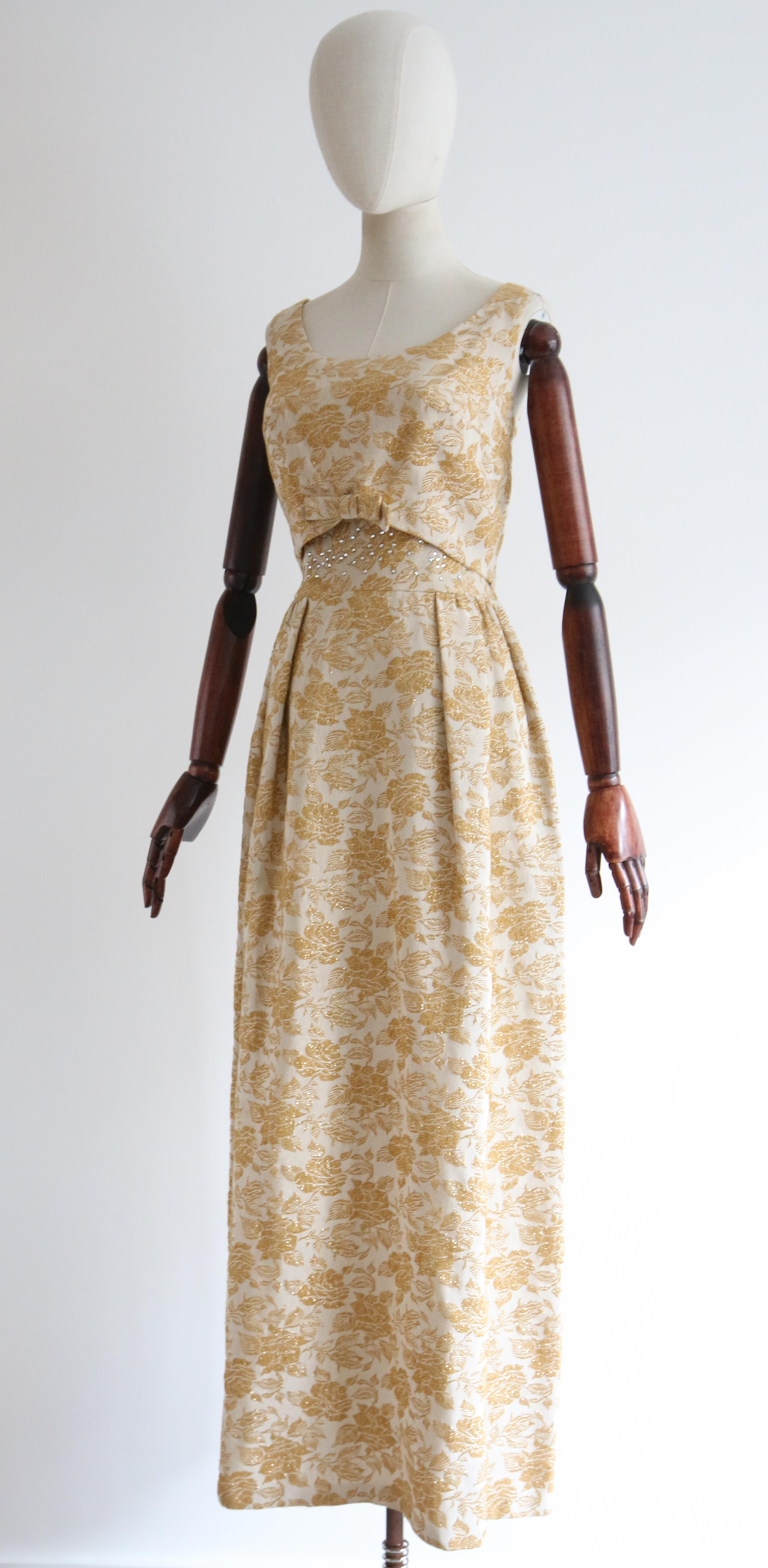  Vintage 1960's Gold Lurex Brocade & Rhinestone Evening Gown UK 8 US 4 For Sale 3