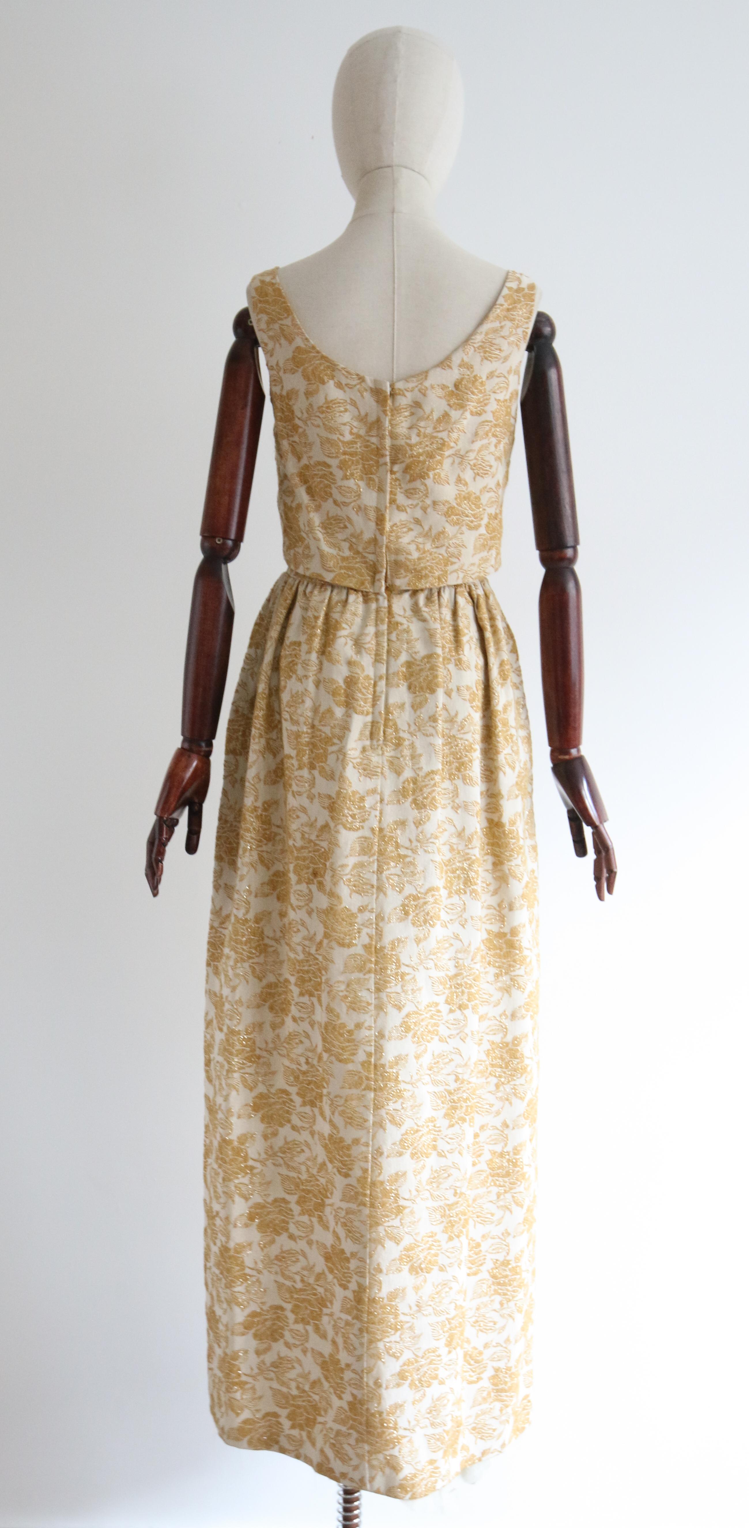  Vintage 1960's Gold Lurex Brocade & Rhinestone Evening Gown UK 8 US 4 For Sale 4