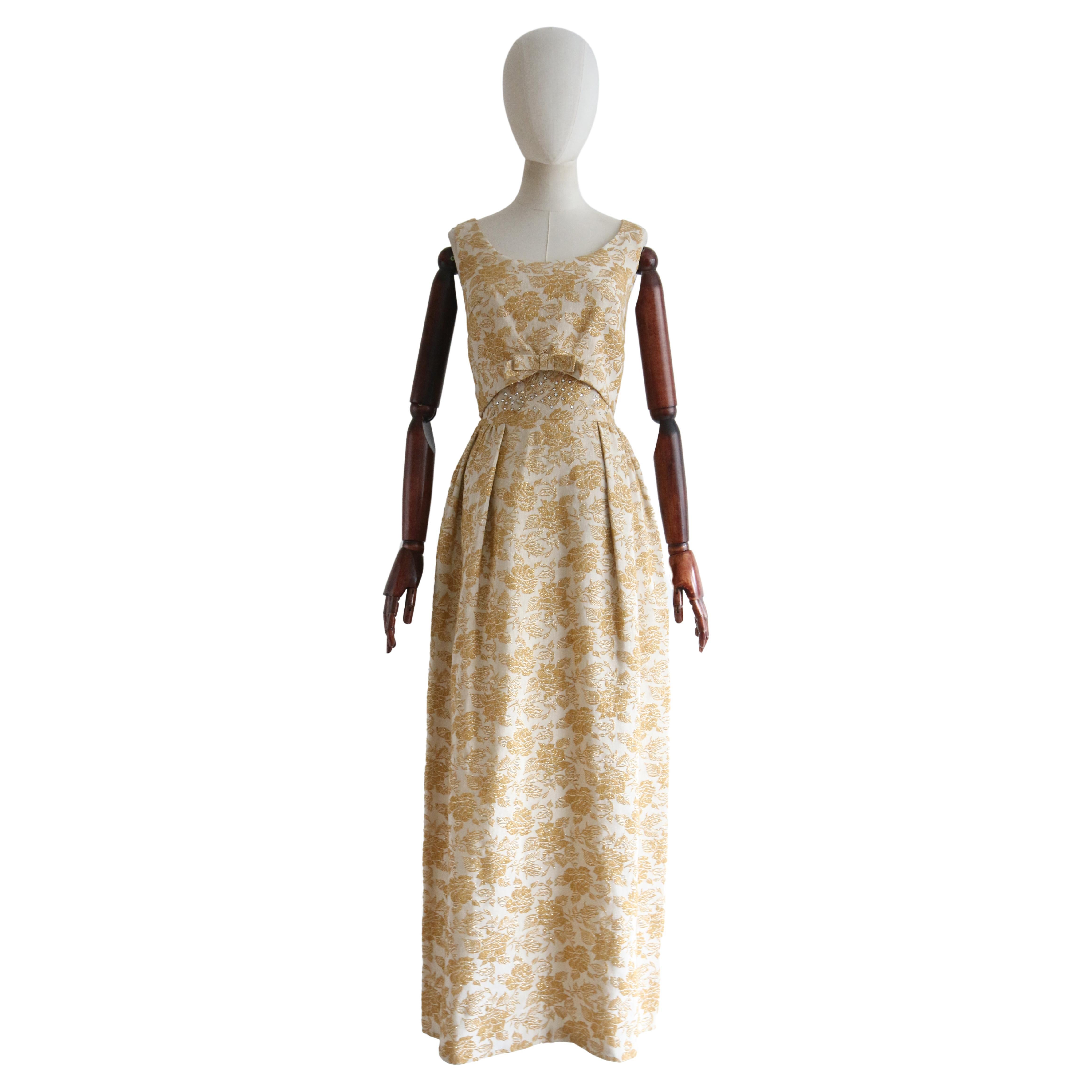  Vintage 1960's Gold Lurex Brocade & Rhinestone Evening Gown UK 8 US 4