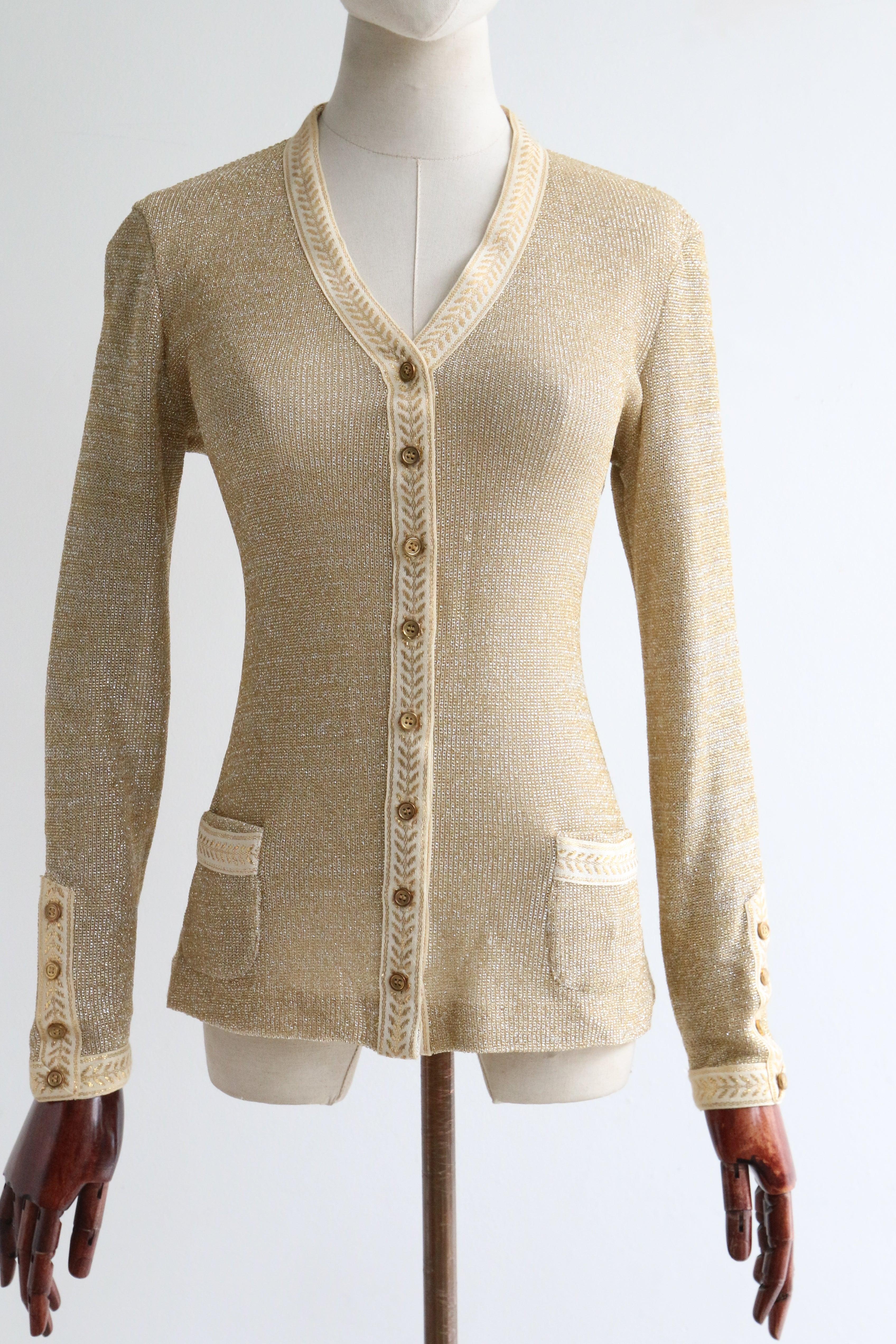 Gold Vintage 1960's gold lurex laurel lead cardigan gold sixties knitwear UK 10 US 6 For Sale