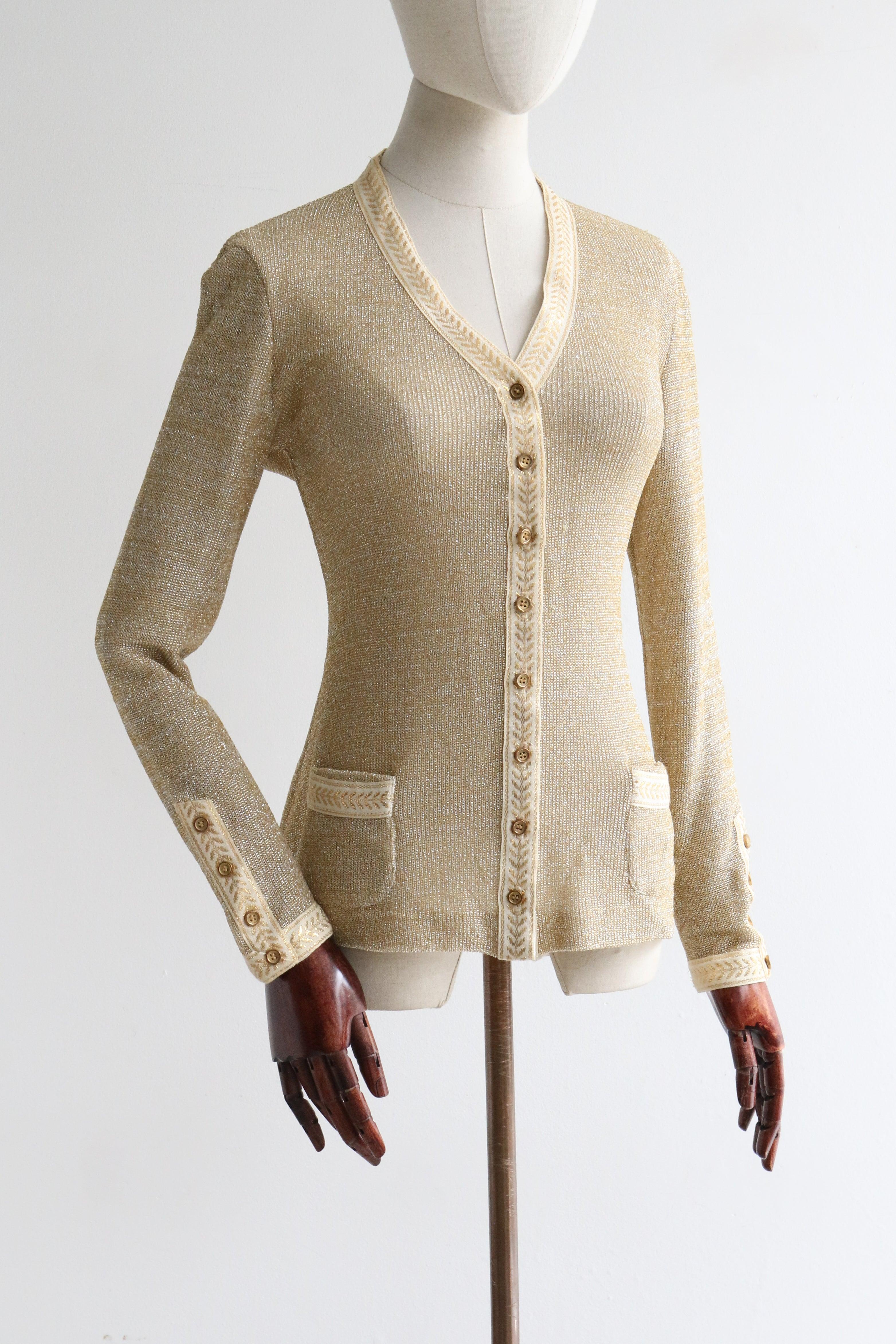 Women's Vintage 1960's gold lurex laurel lead cardigan gold sixties knitwear UK 10 US 6 For Sale