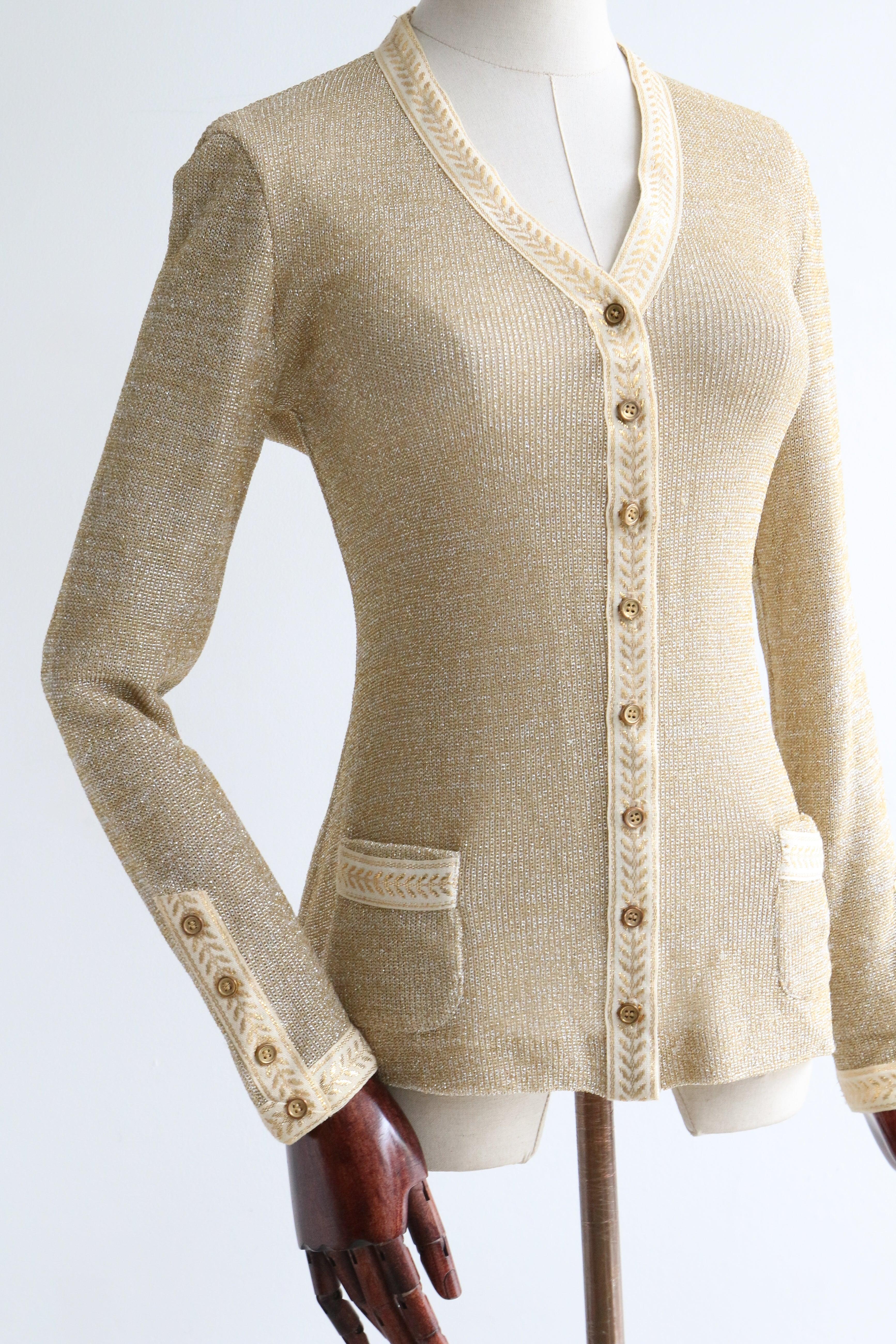 Vintage 1960's gold lurex laurel lead cardigan gold sixties knitwear UK 10 US 6 For Sale 1
