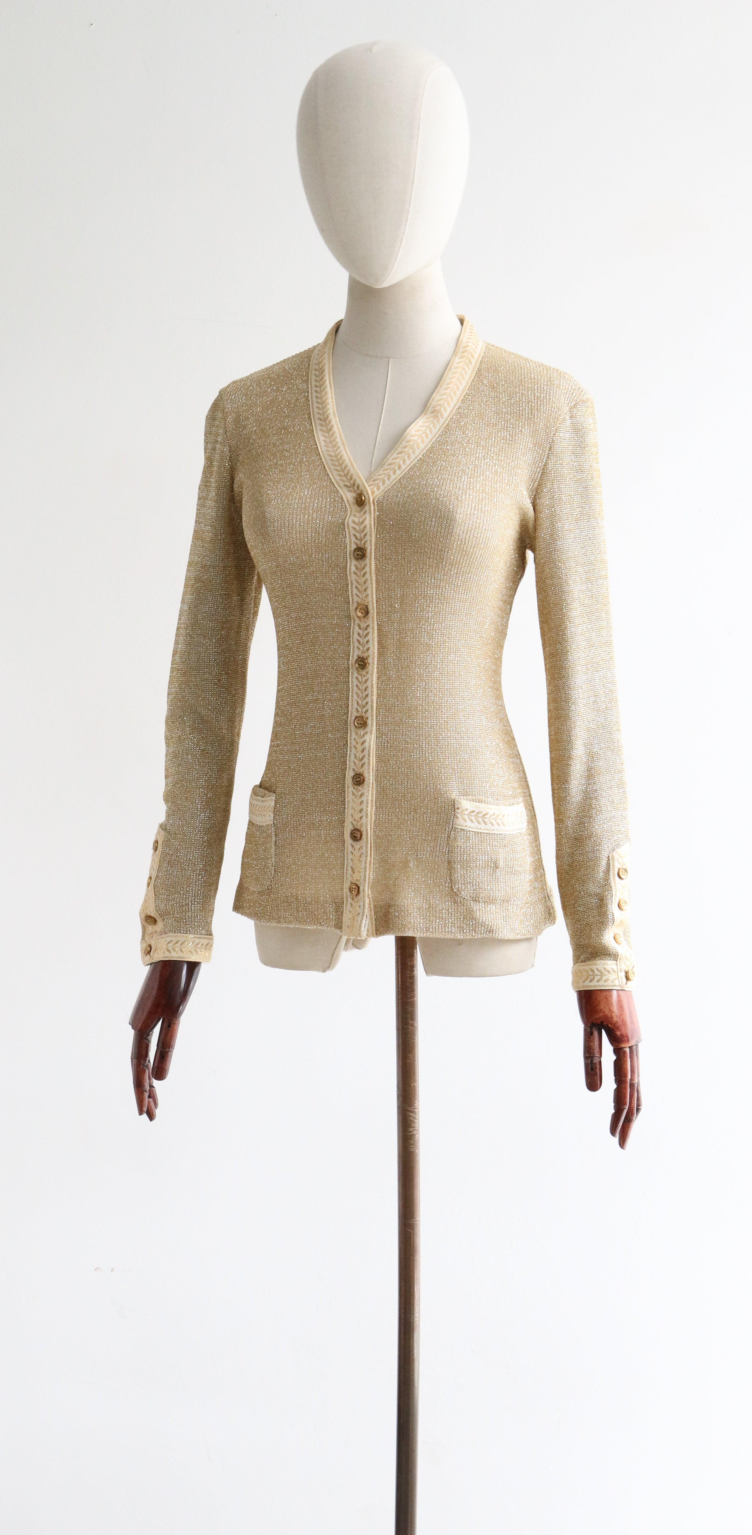 Vintage 1960's gold lurex laurel lead cardigan gold sixties knitwear UK 10 US 6 For Sale 3