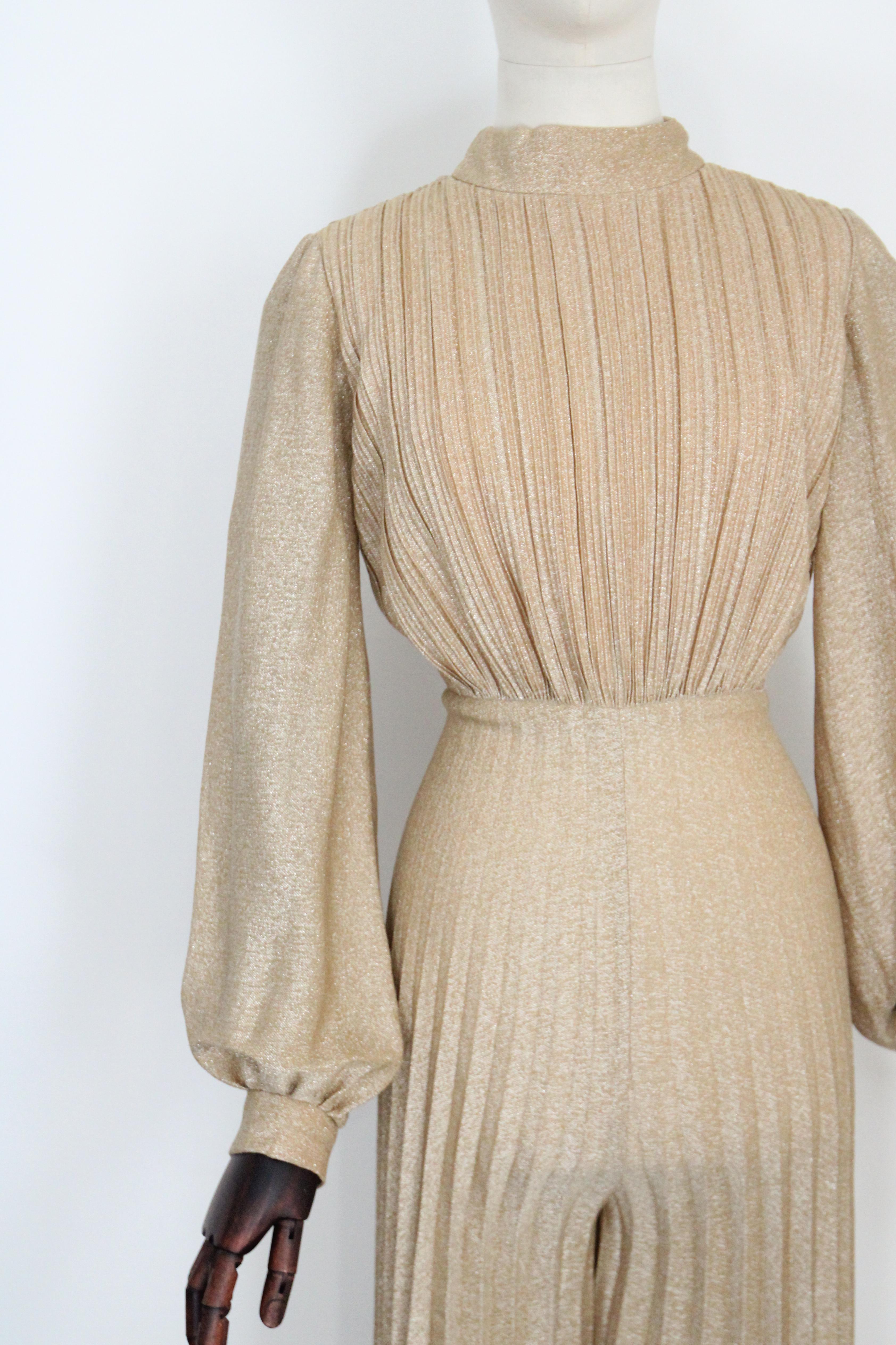 Vintage 1960's Gold Lurex Pleated Jumpsuit Palazzo Wide Leg Gold Jumpsuit UK 10 In Good Condition In Cheltenham, GB