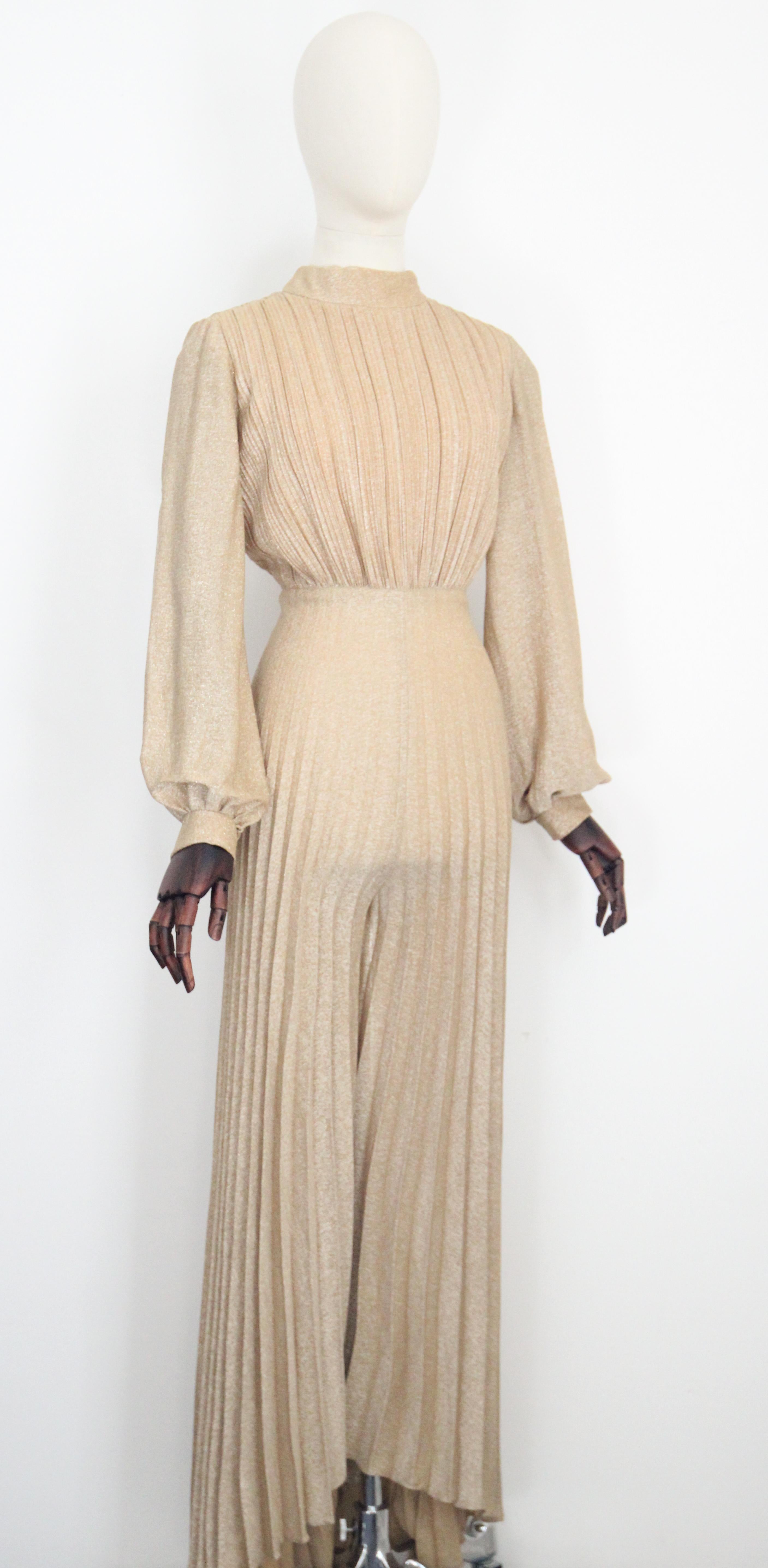 Women's Vintage 1960's Gold Lurex Pleated Jumpsuit Palazzo Wide Leg Gold Jumpsuit UK 10