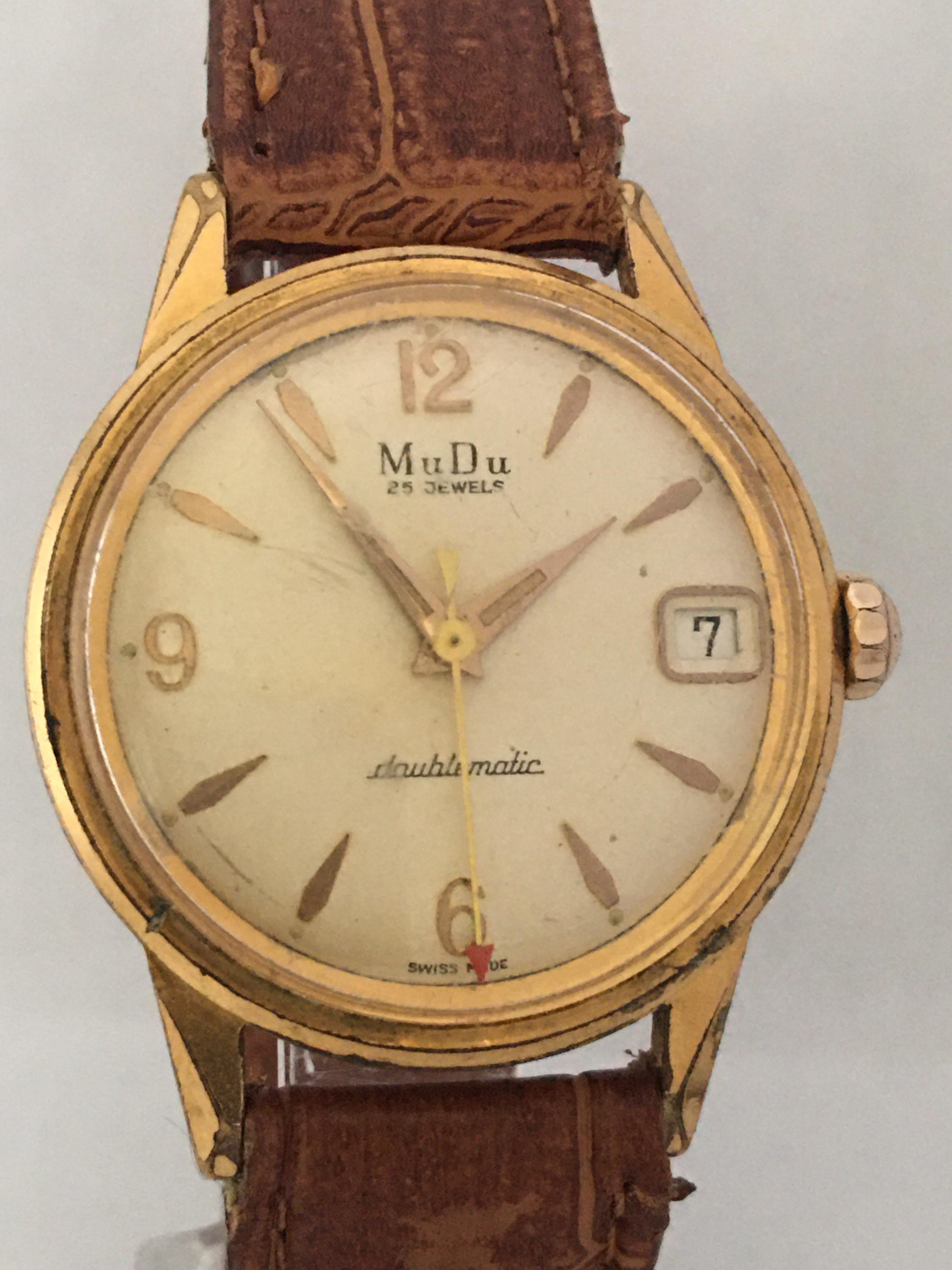 Vintage 1960s Gold Platte und Edelstahl MuDu 25 Juwelen Doublematic Uhr im Angebot 6