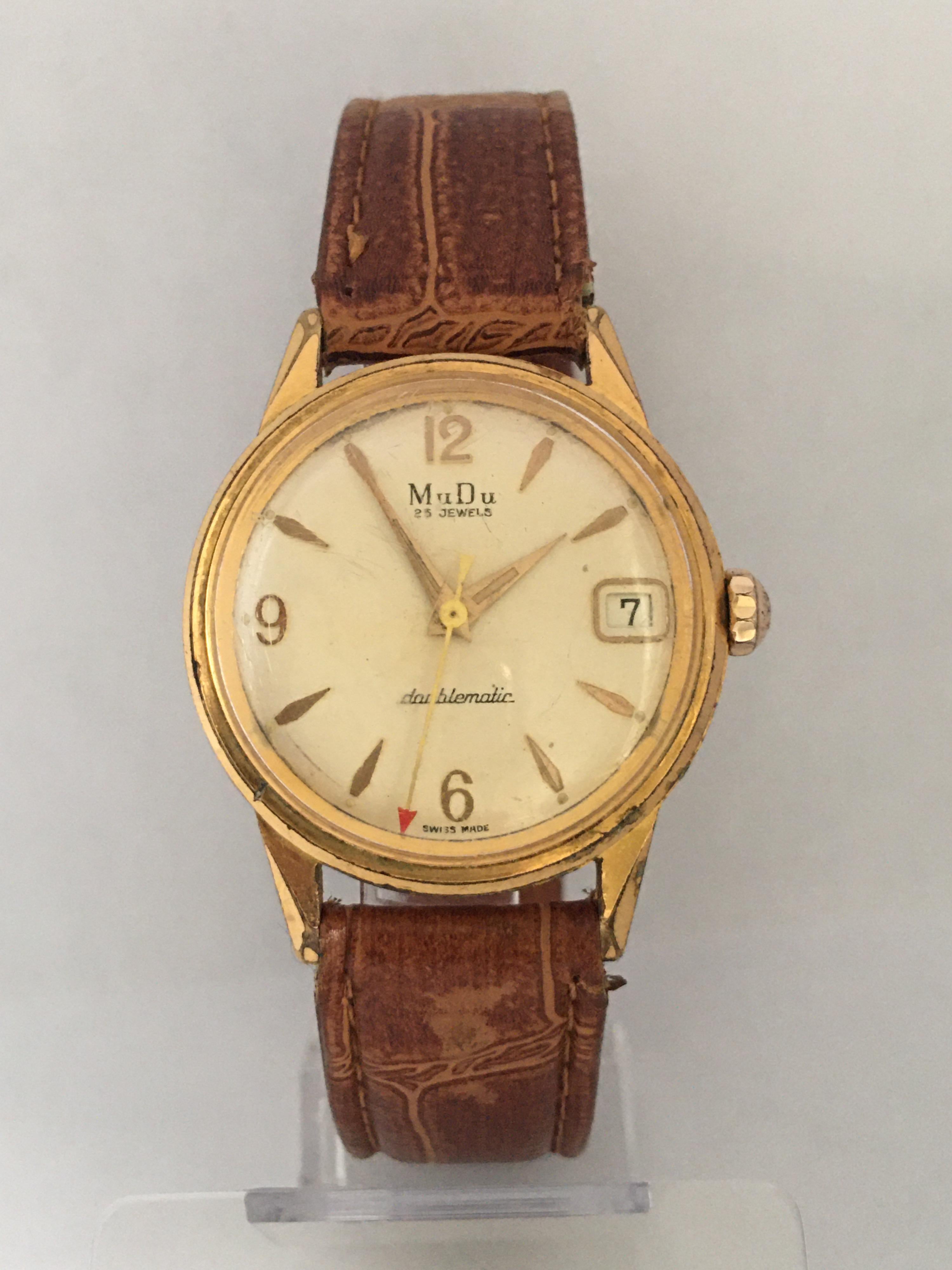 Vintage 1960s Gold Platte und Edelstahl MuDu 25 Juwelen Doublematic Uhr im Angebot 10