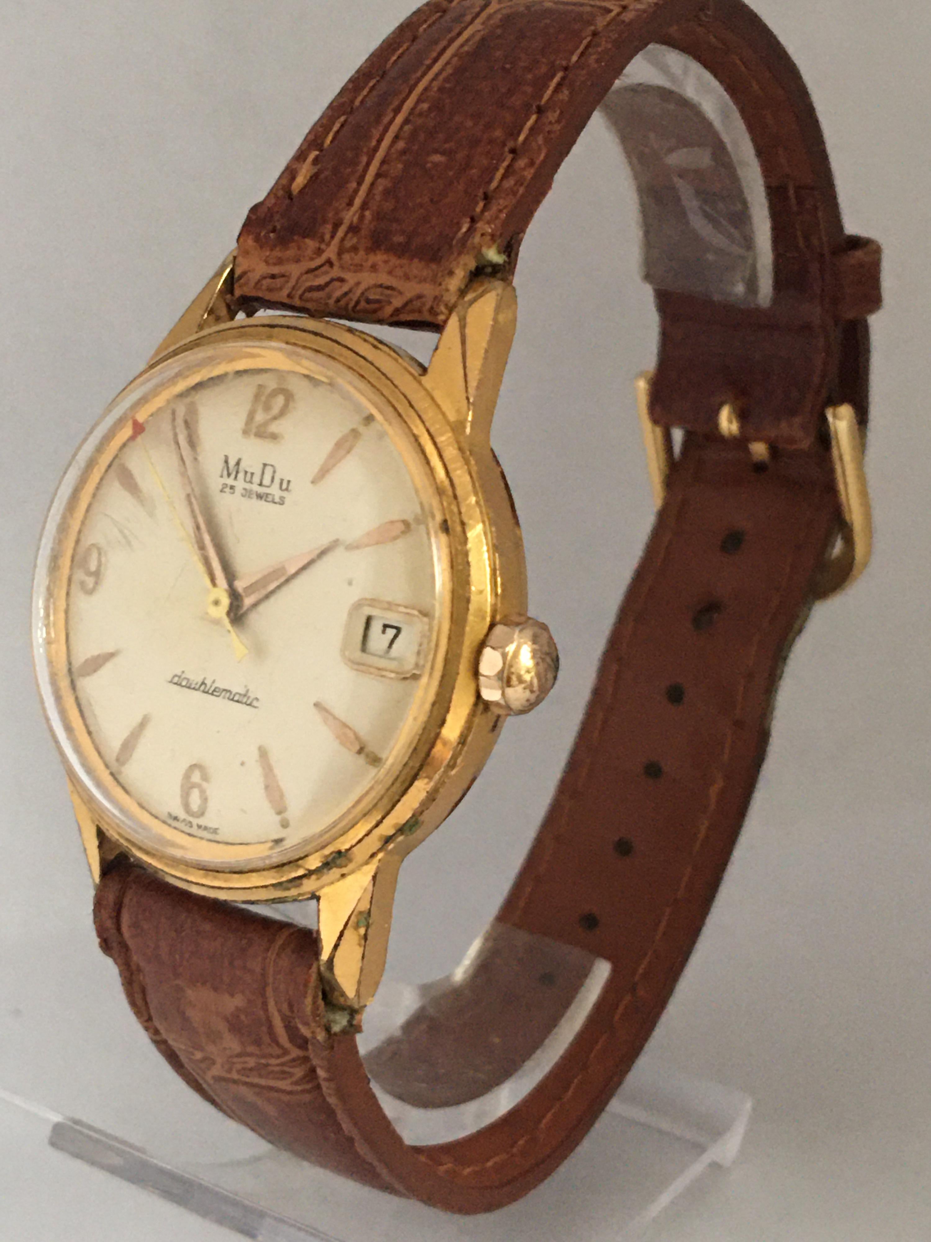 Vintage 1960s Gold Platte und Edelstahl MuDu 25 Juwelen Doublematic Uhr im Angebot 11
