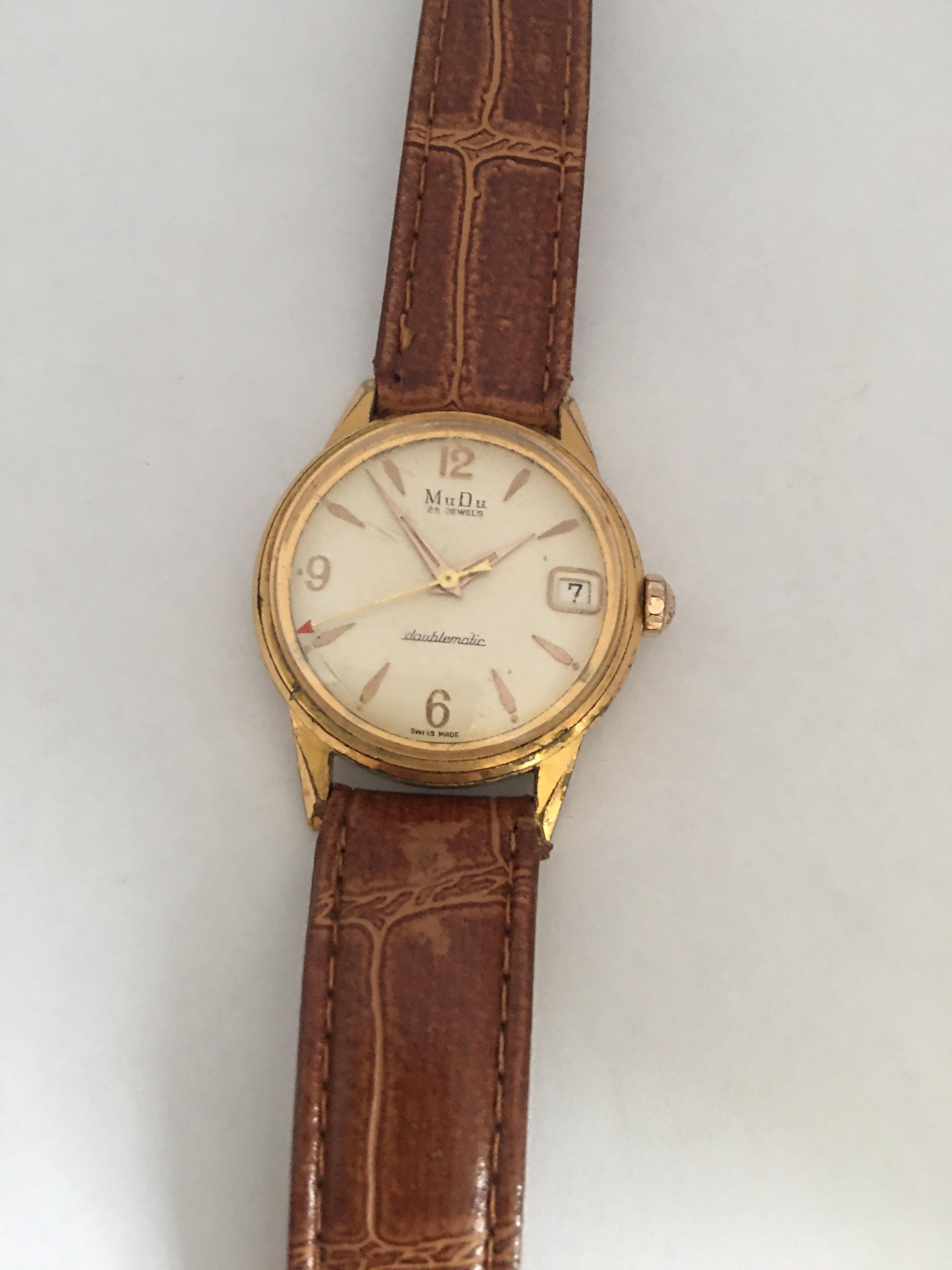 Vintage 1960s Gold Platte und Edelstahl MuDu 25 Juwelen Doublematic Uhr im Angebot 12