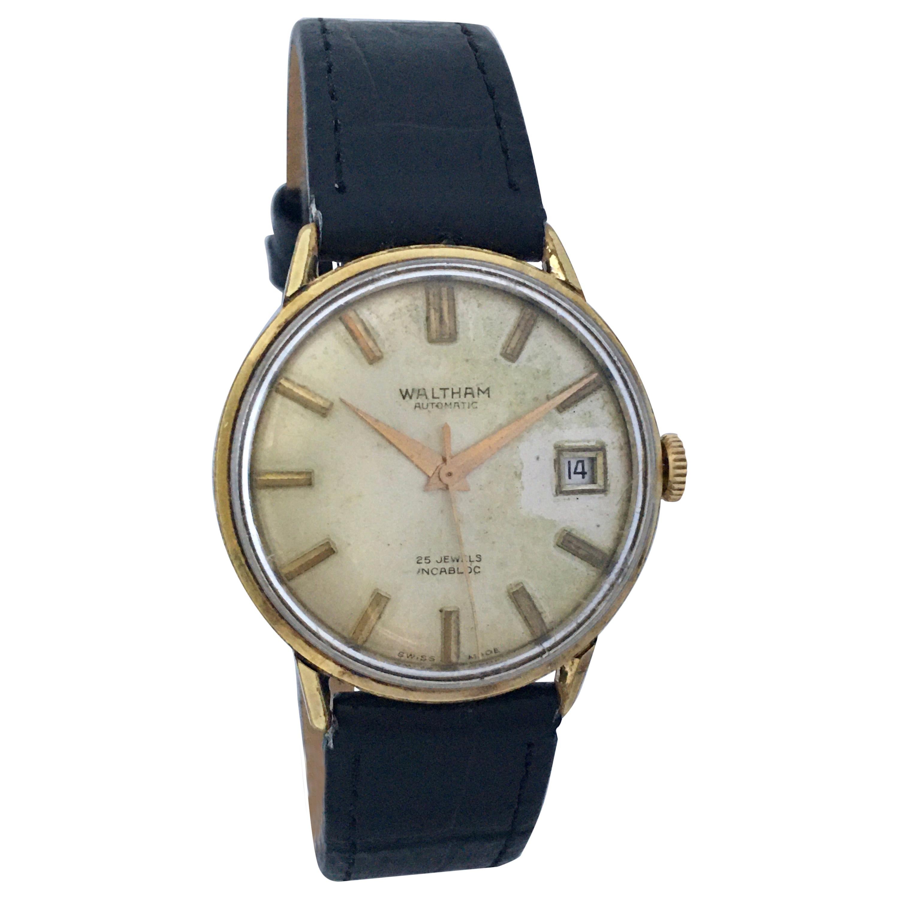 Vintage 1960s Gold-Plated and Stainless Steel Back Waltham Automatic Watch For Sale