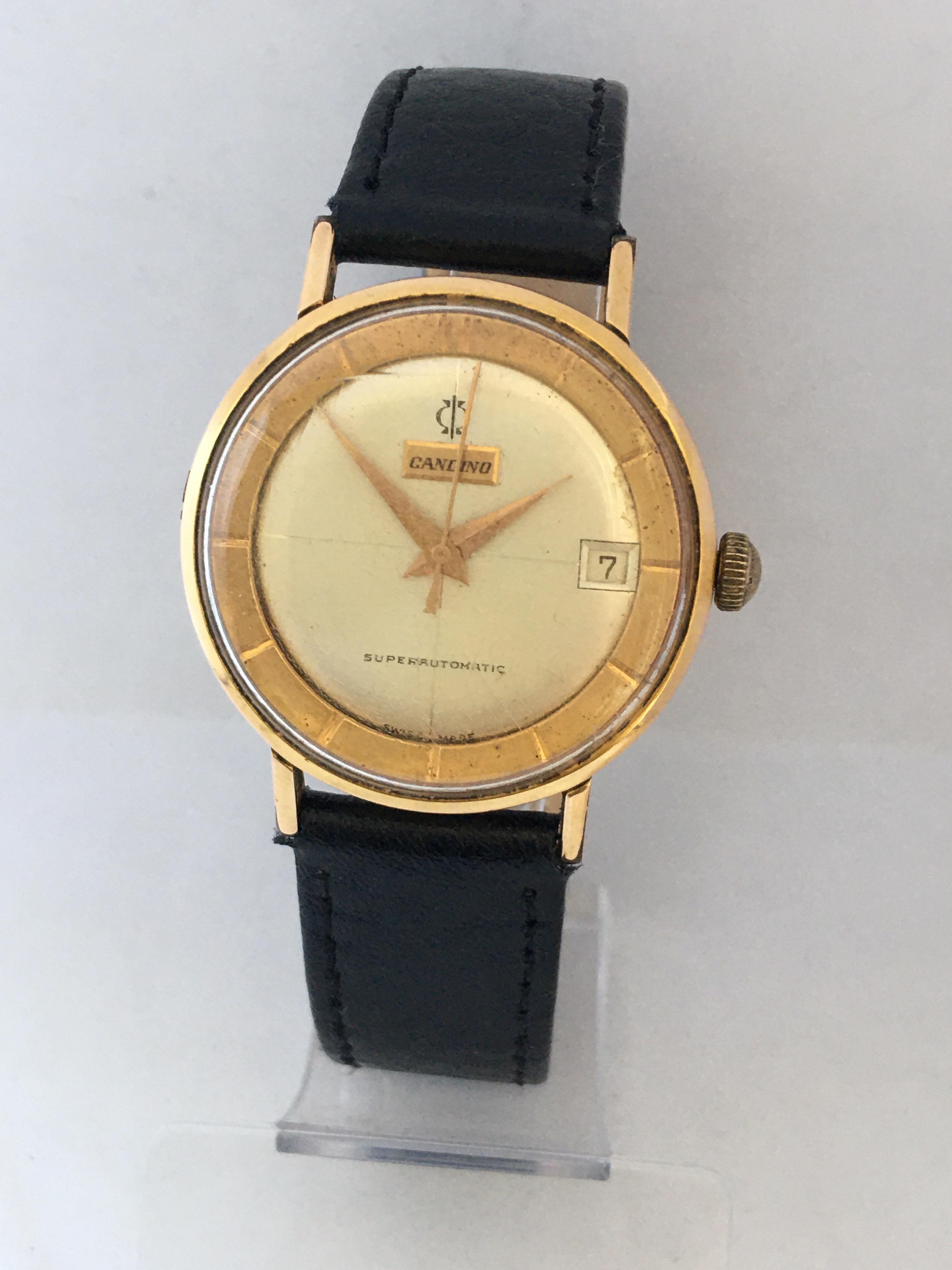 This beautiful pre-owned watch is working and it is running well. Visible signs of ageing and wear with scratches on the glass and the watch case as shown. Please study the images carefully as form part of the description.