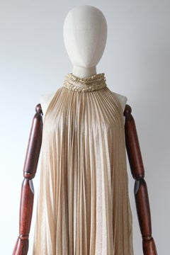Vintage 1960's gold pleated lurex dress accordion pleat A line Dress UK 8 US 4