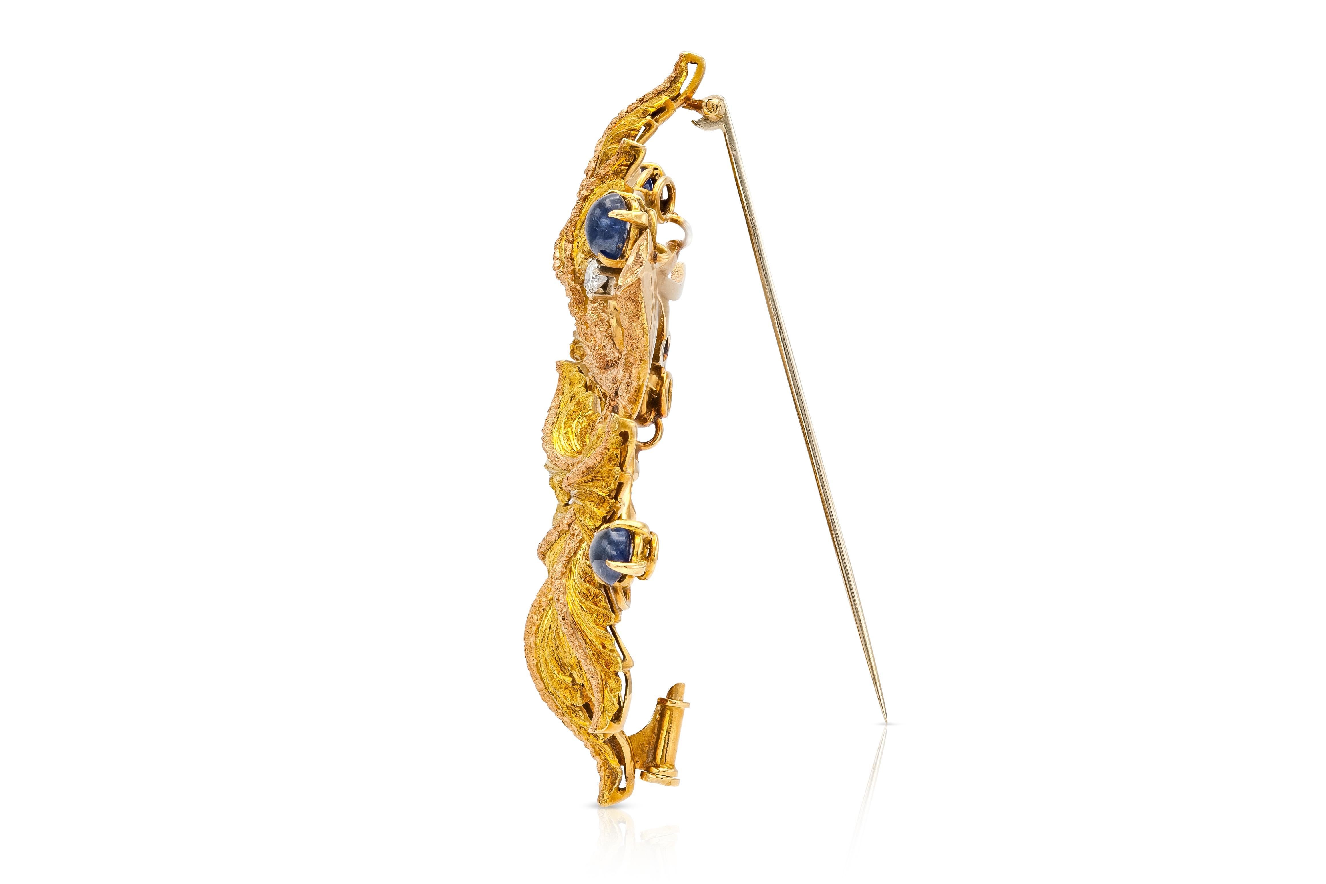 Cabochon Vintage 1960s Gold Sapphire and Diamond Leaves Brooch
