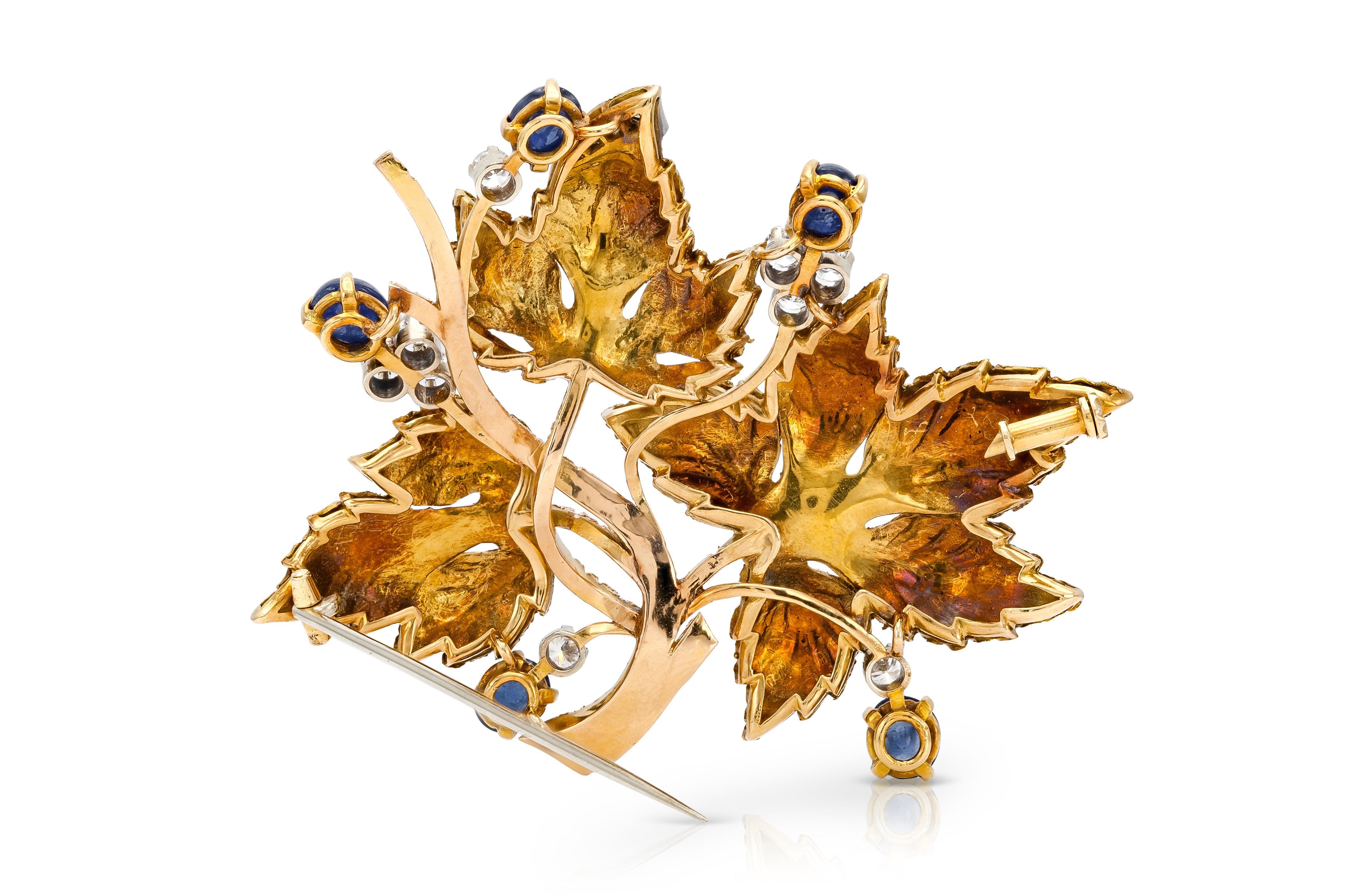 Vintage 1960s Gold Sapphire and Diamond Leaves Brooch In Good Condition For Sale In New York, NY