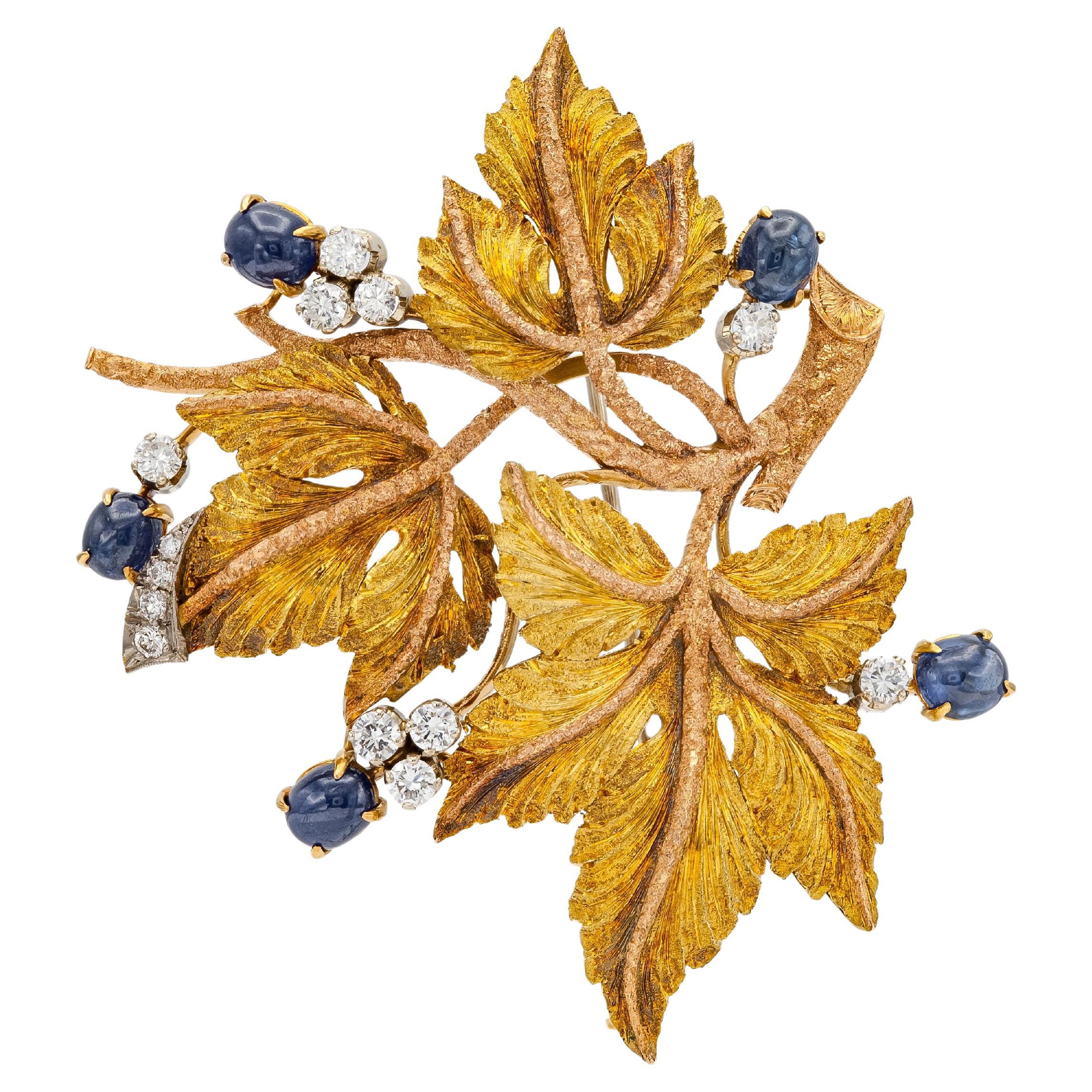 Vintage 1960s Gold Sapphire and Diamond Leaves Brooch For Sale