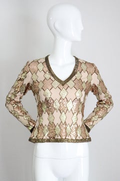 Vintage 1960s gold sequin beaded blouse 1960s jersey beaded top UK 8 US 4