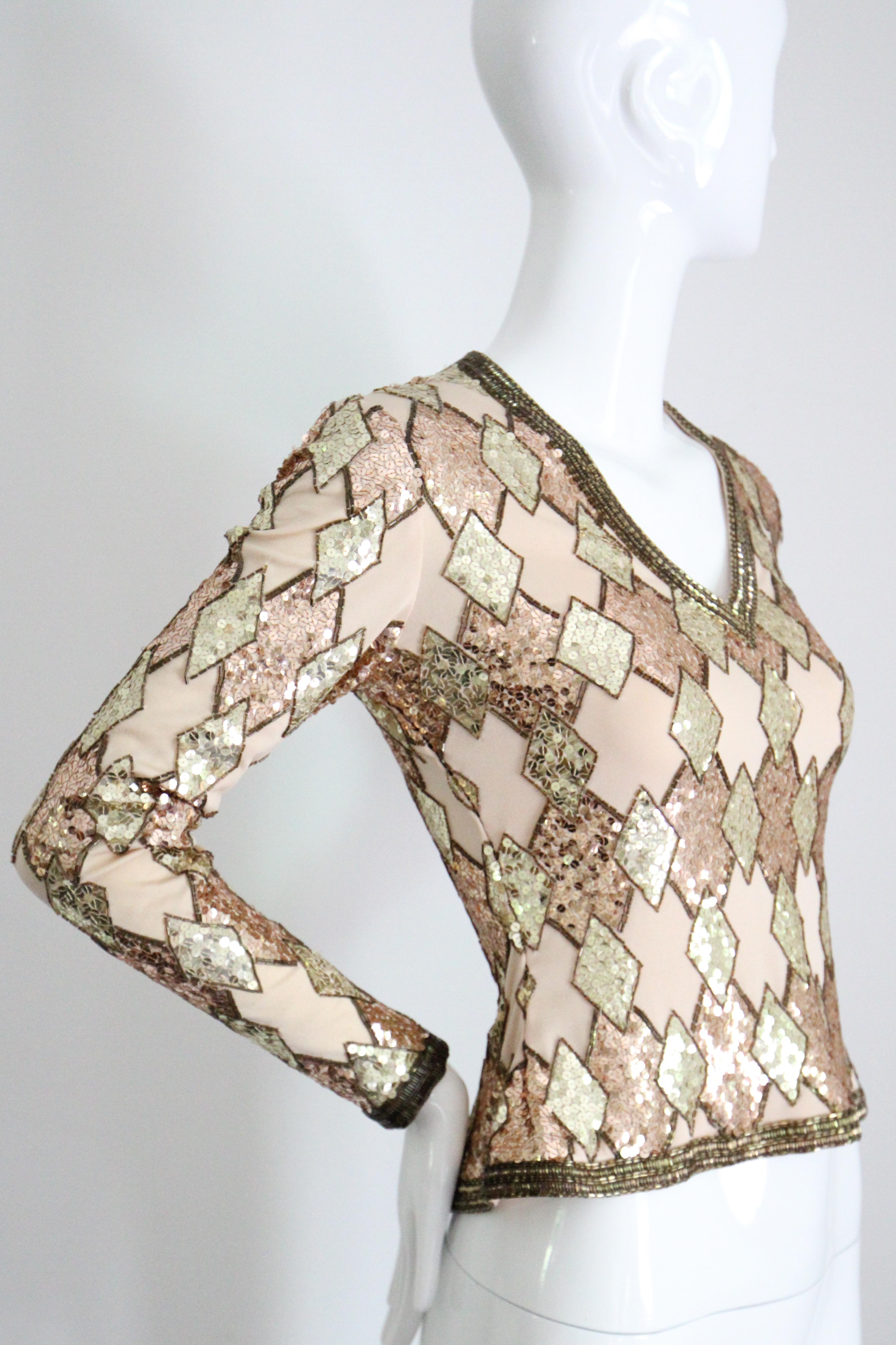 Donna Vintage 1960s gold sequin beaded blouse 1960s jersey beaded top UK 8 US 4 in vendita