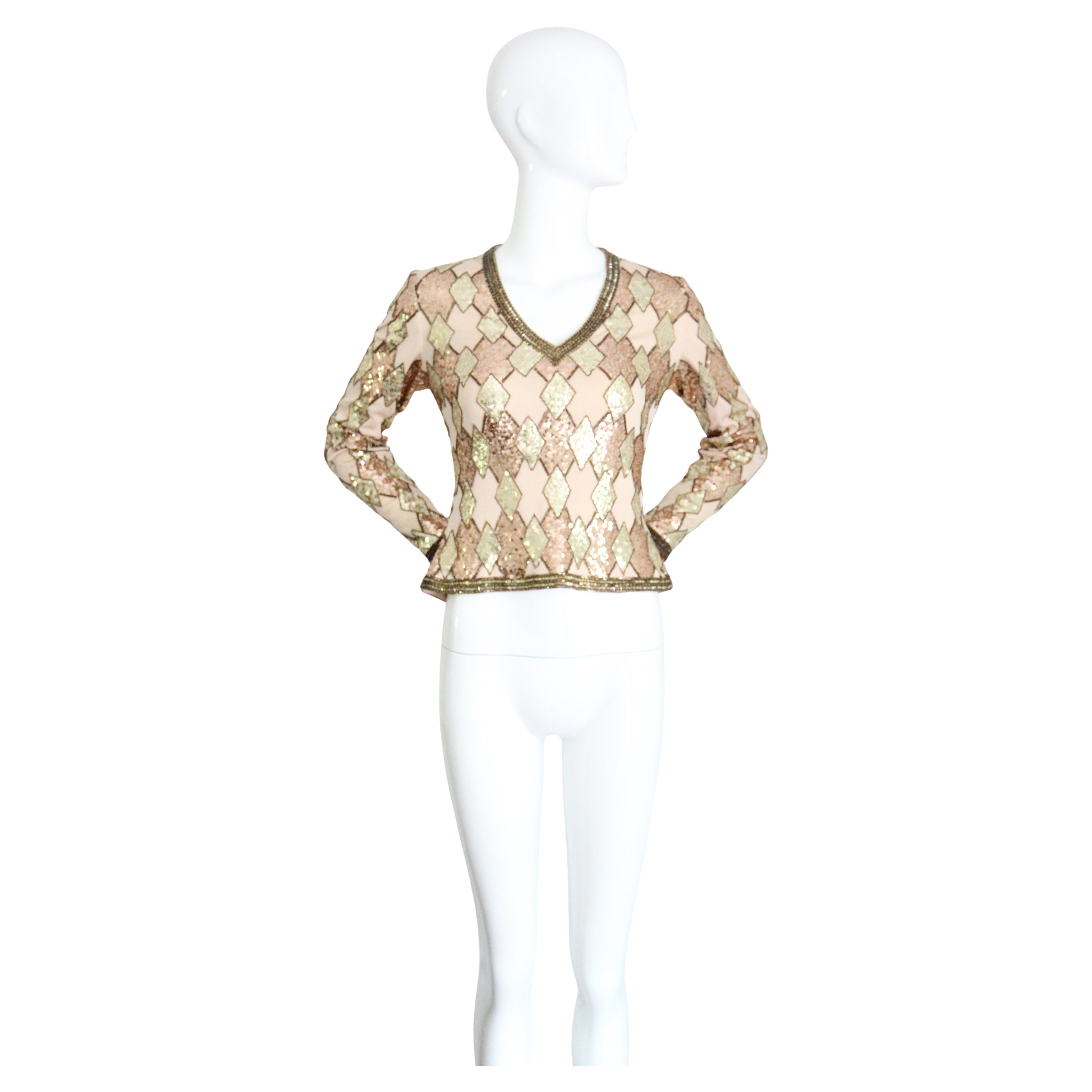 Vintage 1960s gold sequin beaded blouse 1960s jersey beaded top UK 8 US 4