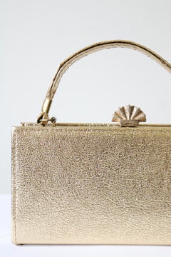 Vintage 1960's Gold Vinyl Box Bag Seashell Clasp Purse