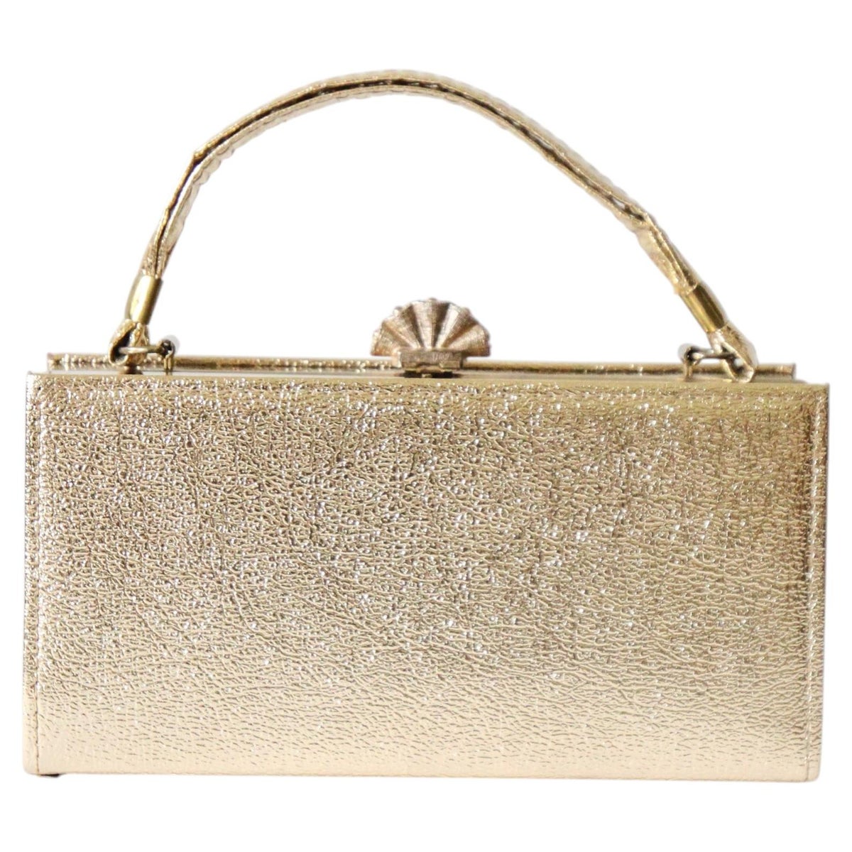 Vintage 1960's Gold Vinyl Box Bag Seashell Clasp Purse