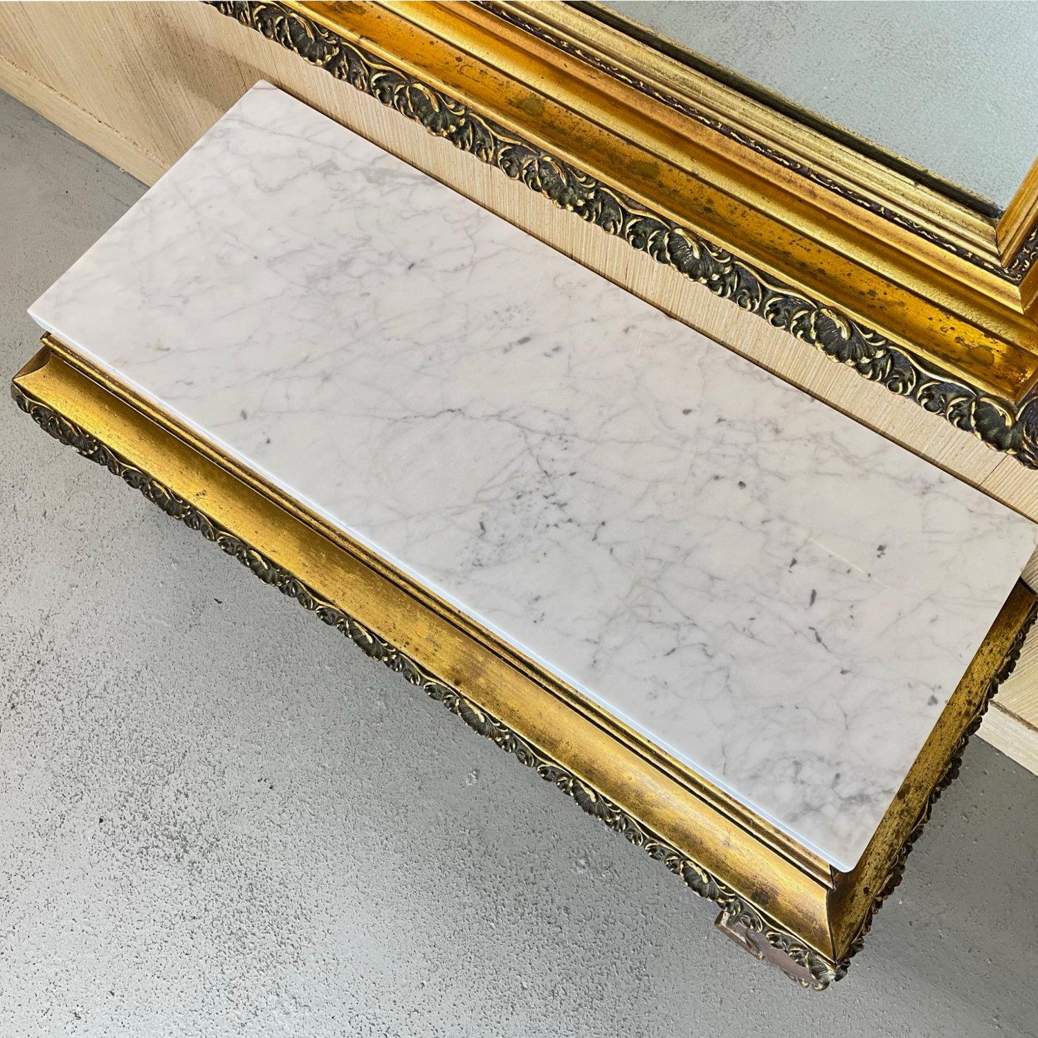 Glass Vintage 1960s Gold Wall Mirror and Italian Marble Console Table Set For Sale