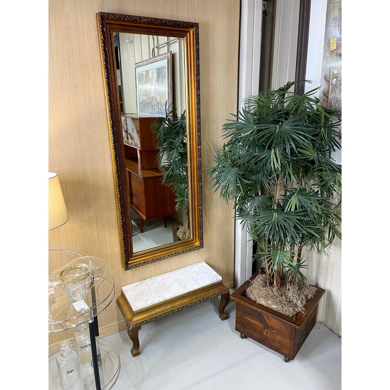 Hollywood Regency Vintage 1960s Gold Wall Mirror and Italian Marble Console Table Set For Sale
