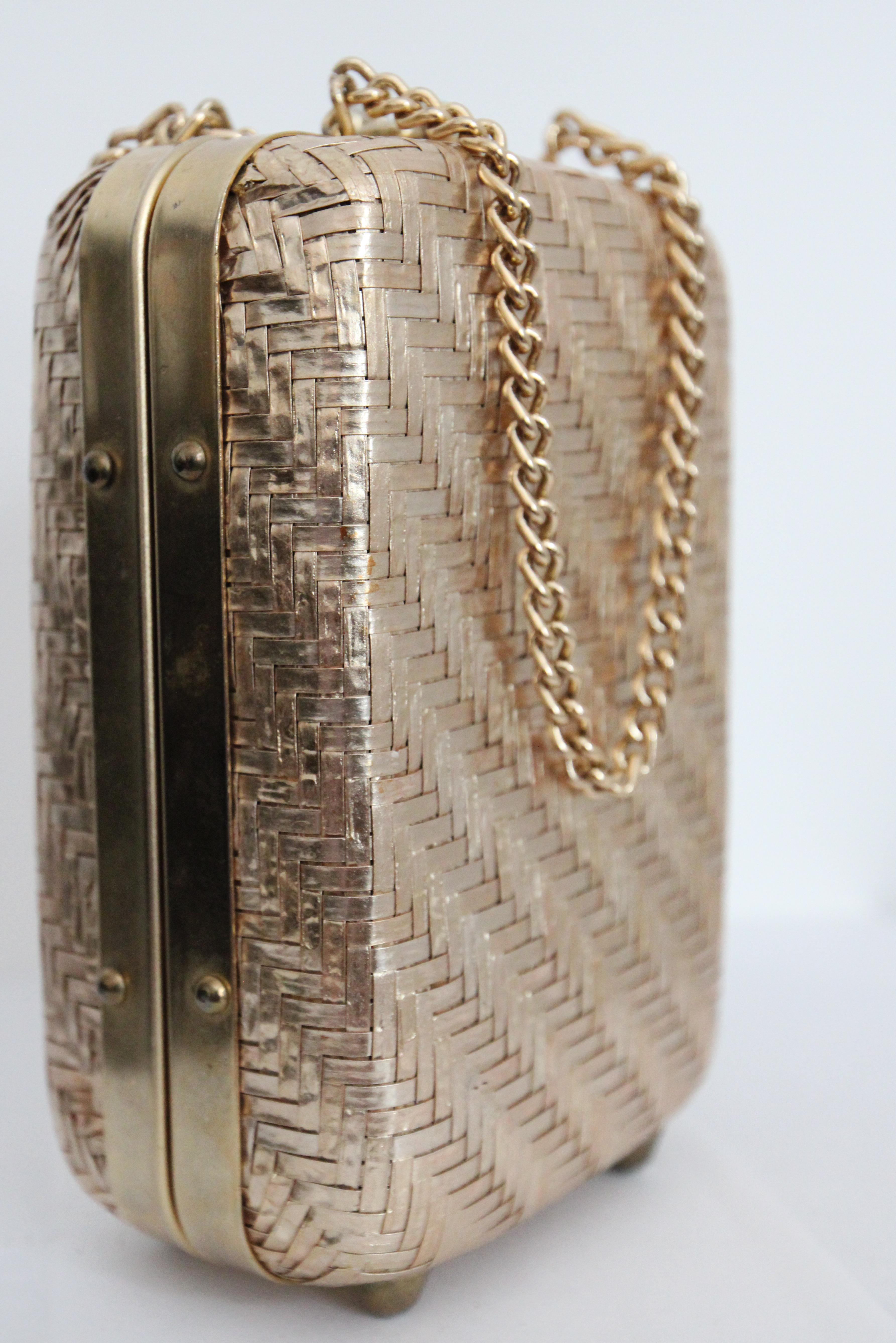 Vintage 1960's Bolso Caja Tejido Dorado Patrón Chevron Original Bolso Italiano años sesenta Oro en venta