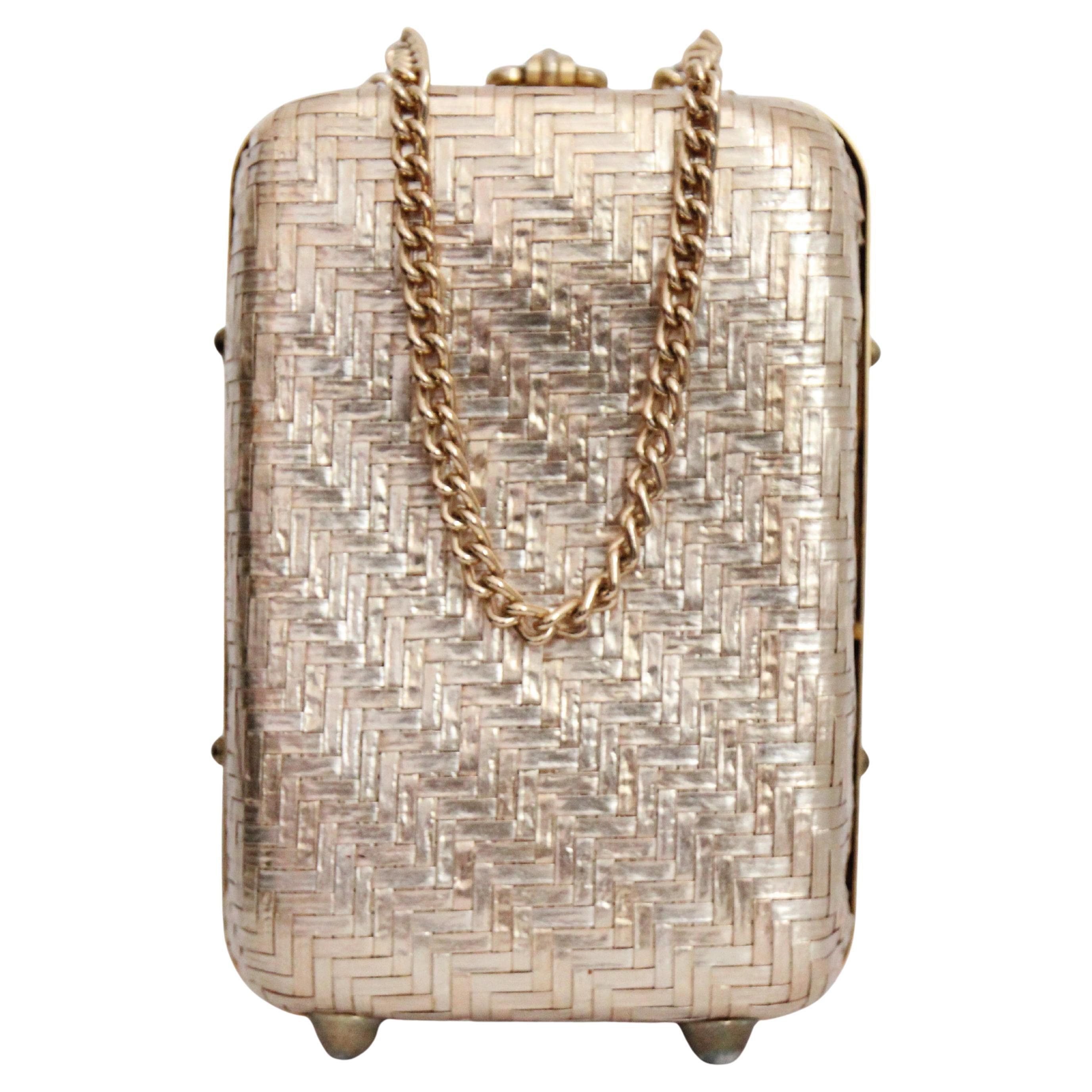 Vintage 1960's Bolso Caja Tejido Dorado Patrón Chevron Original Bolso Italiano años sesenta en venta