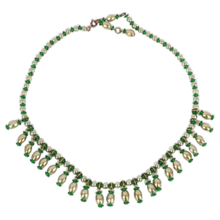 Vintage 1960s Golden Metal Necklace with Glass Paste and Pearls For Sale