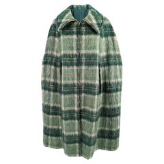 Vintage 1960s Green Checked Fuzzy Wool & Mohair 60s Maxi Cape Coat