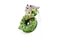 Vintage 1960s Grüne Emaille Drachen Brosche mit Diamanten