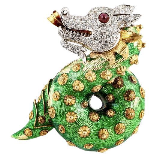 Vintage 1960s Grüne Emaille Drachen Brosche mit Diamanten
