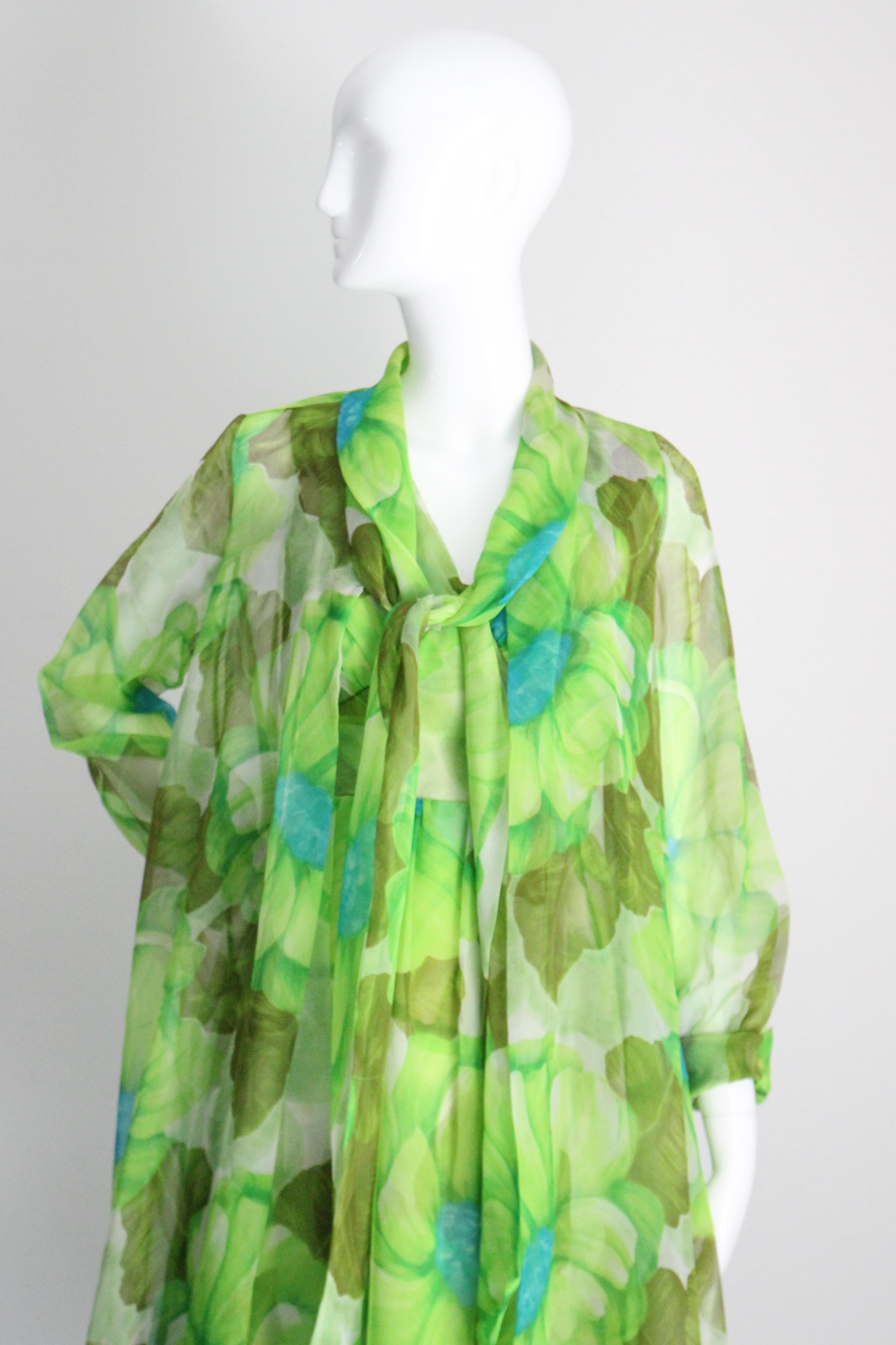 Vintage 1960's Green Floral Chiffon Dress and Coat Set Lime Green UK 8-10 US 4-6 For Sale 6