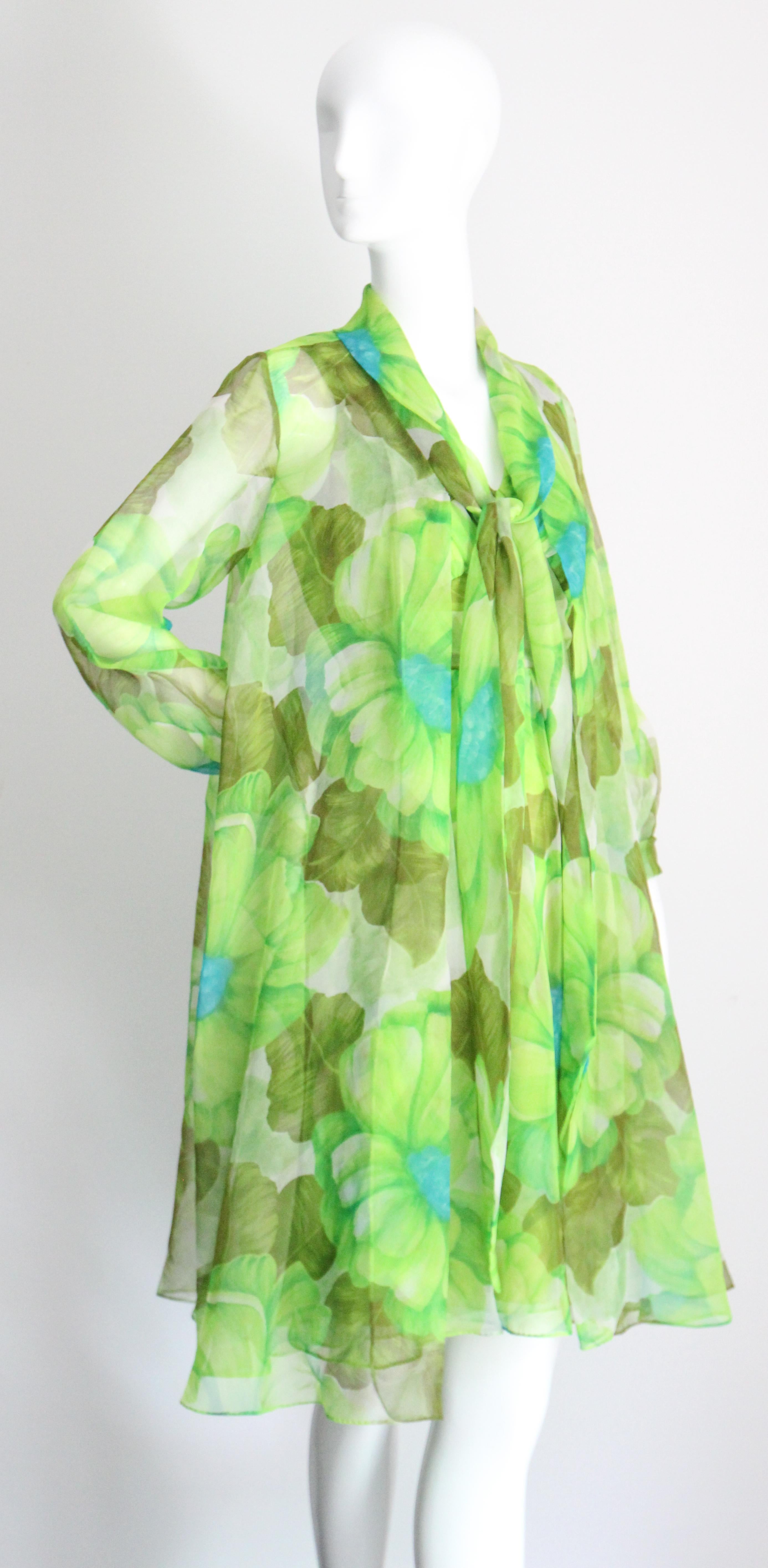 Vintage 1960's Green Floral Chiffon Dress and Coat Set Lime Green UK 8-10 US 4-6 For Sale 7