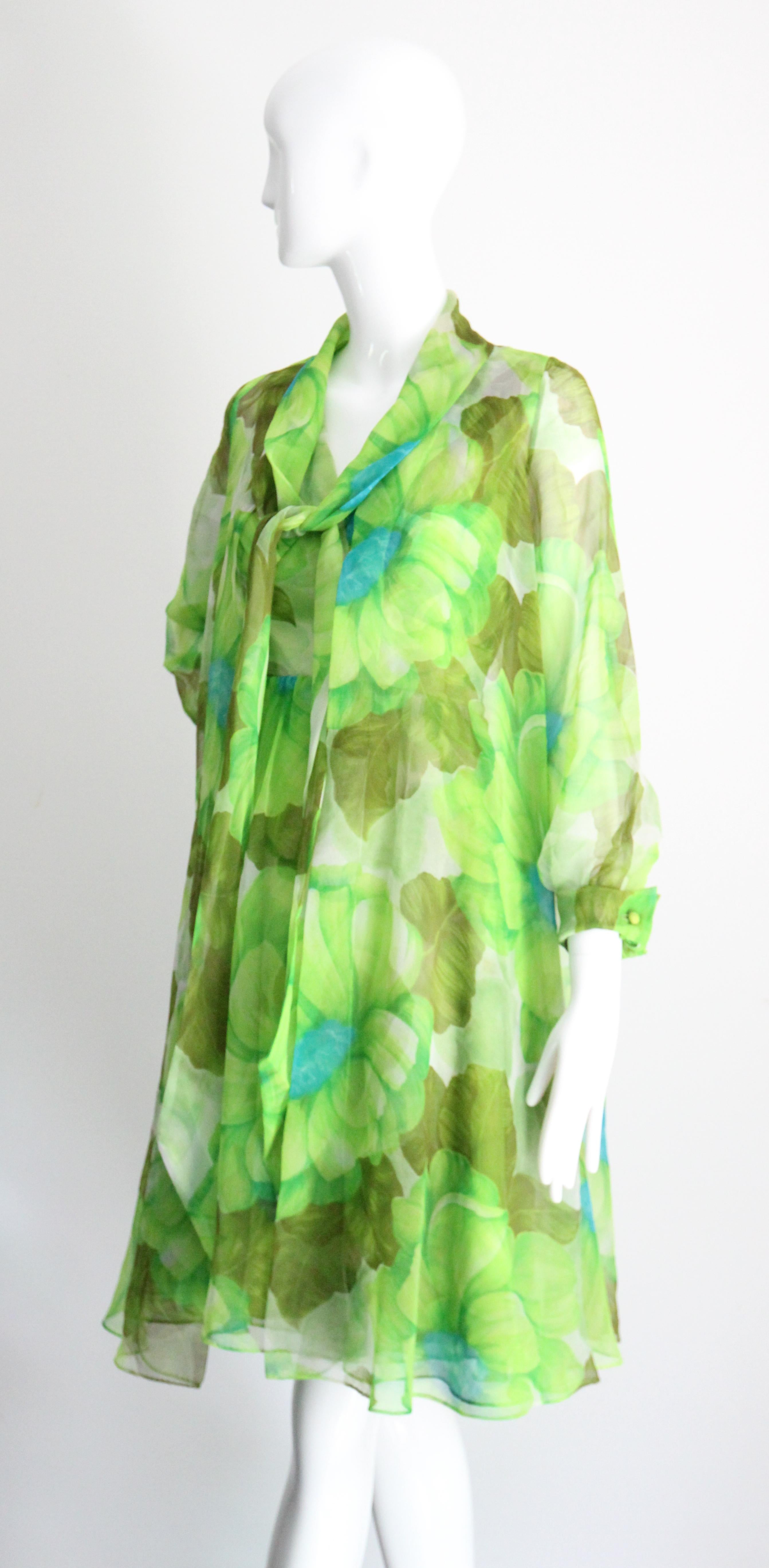 Vintage 1960's Green Floral Chiffon Dress and Coat Set Lime Green UK 8-10 US 4-6 For Sale 9
