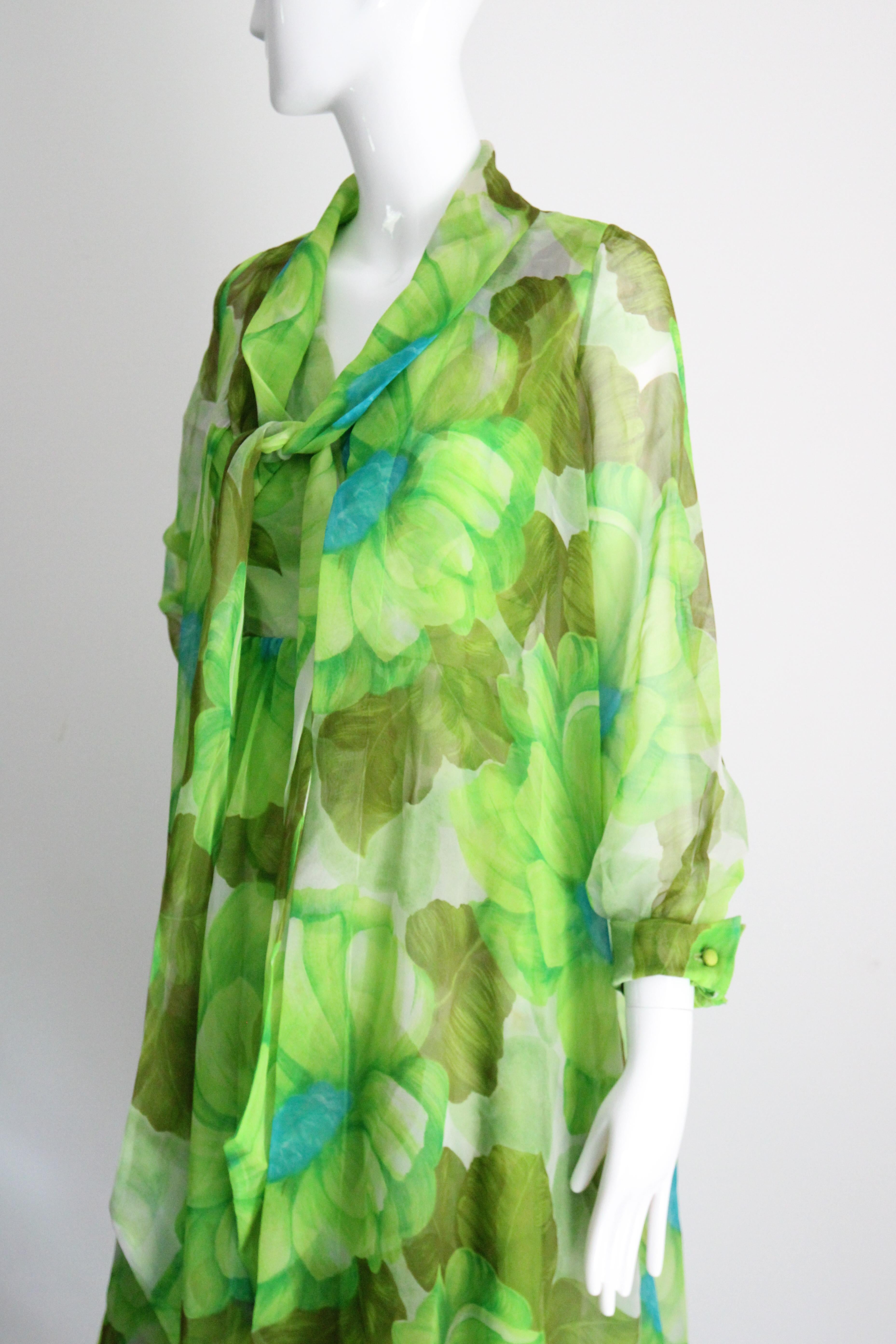 Vintage 1960's Green Floral Chiffon Dress and Coat Set Lime Green UK 8-10 US 4-6 For Sale 10