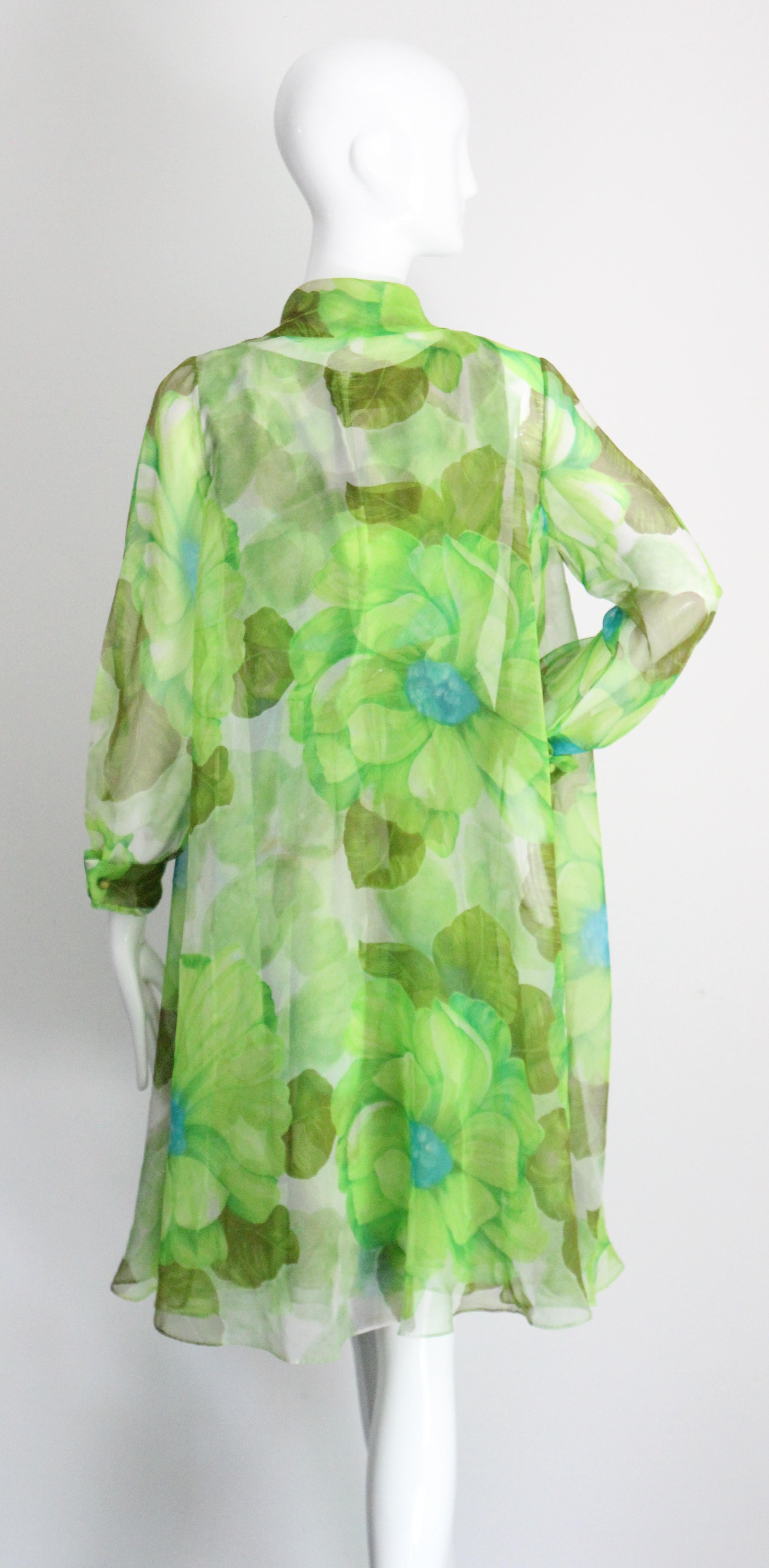 Vintage 1960's Green Floral Chiffon Dress and Coat Set Lime Green UK 8-10 US 4-6 For Sale 11