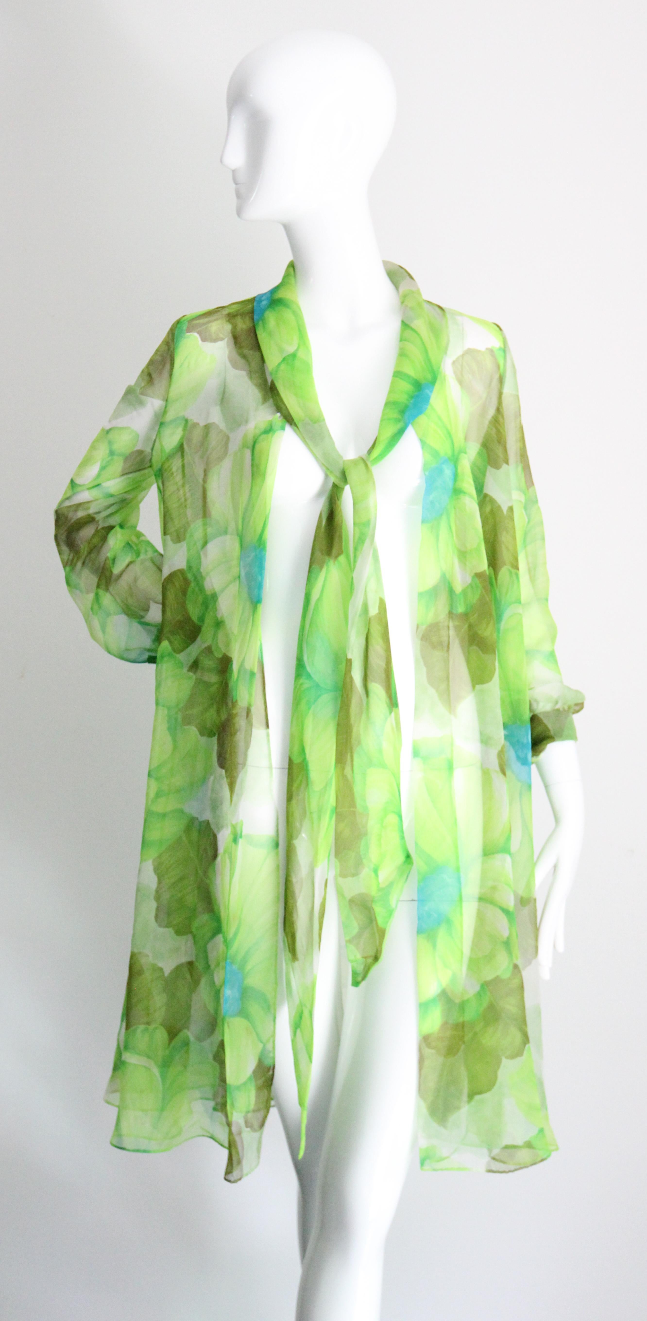 Vintage 1960's Green Floral Chiffon Dress and Coat Set Lime Green UK 8-10 US 4-6 For Sale 12