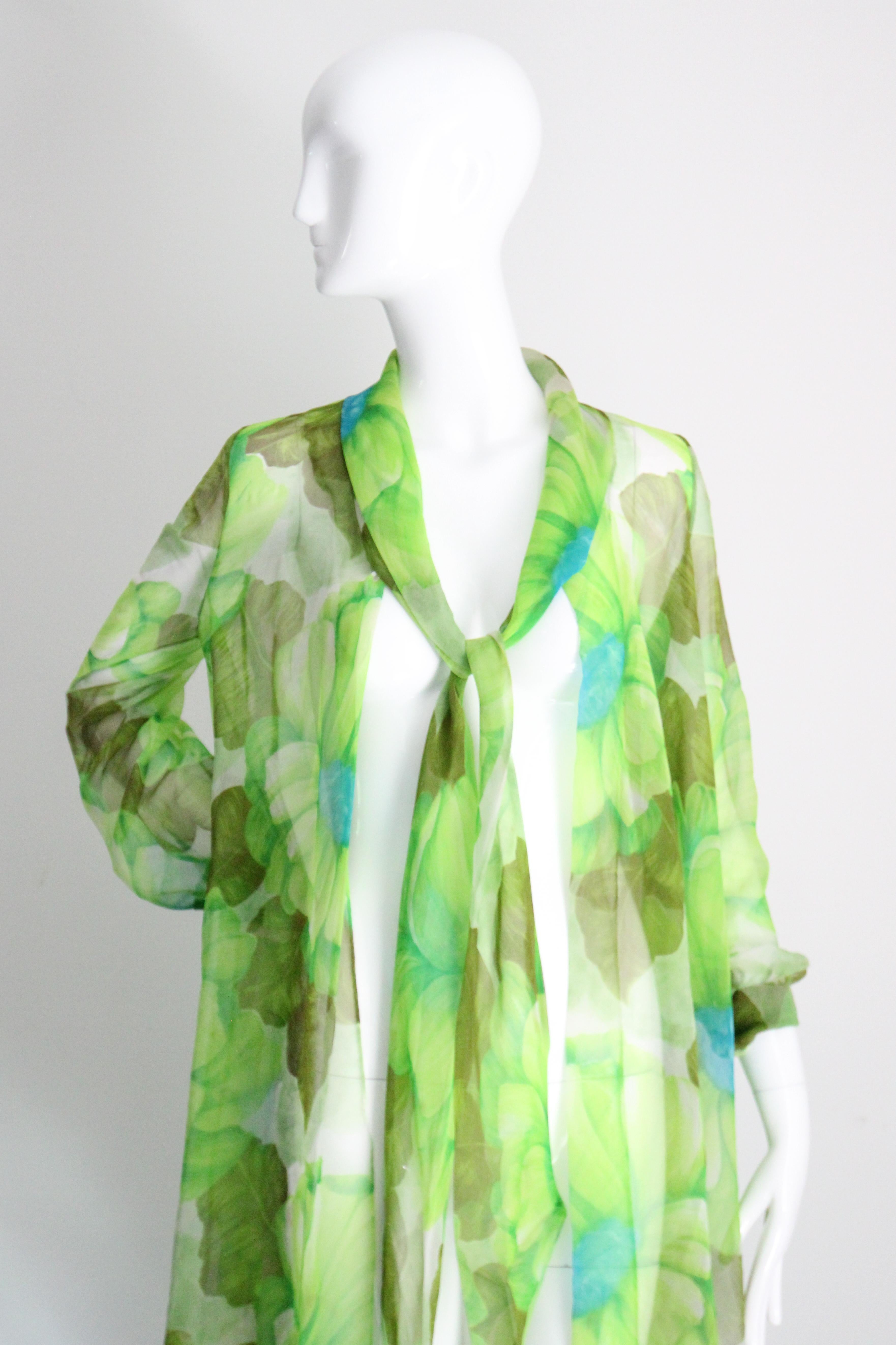 Vintage 1960's Green Floral Chiffon Dress and Coat Set Lime Green UK 8-10 US 4-6 For Sale 13