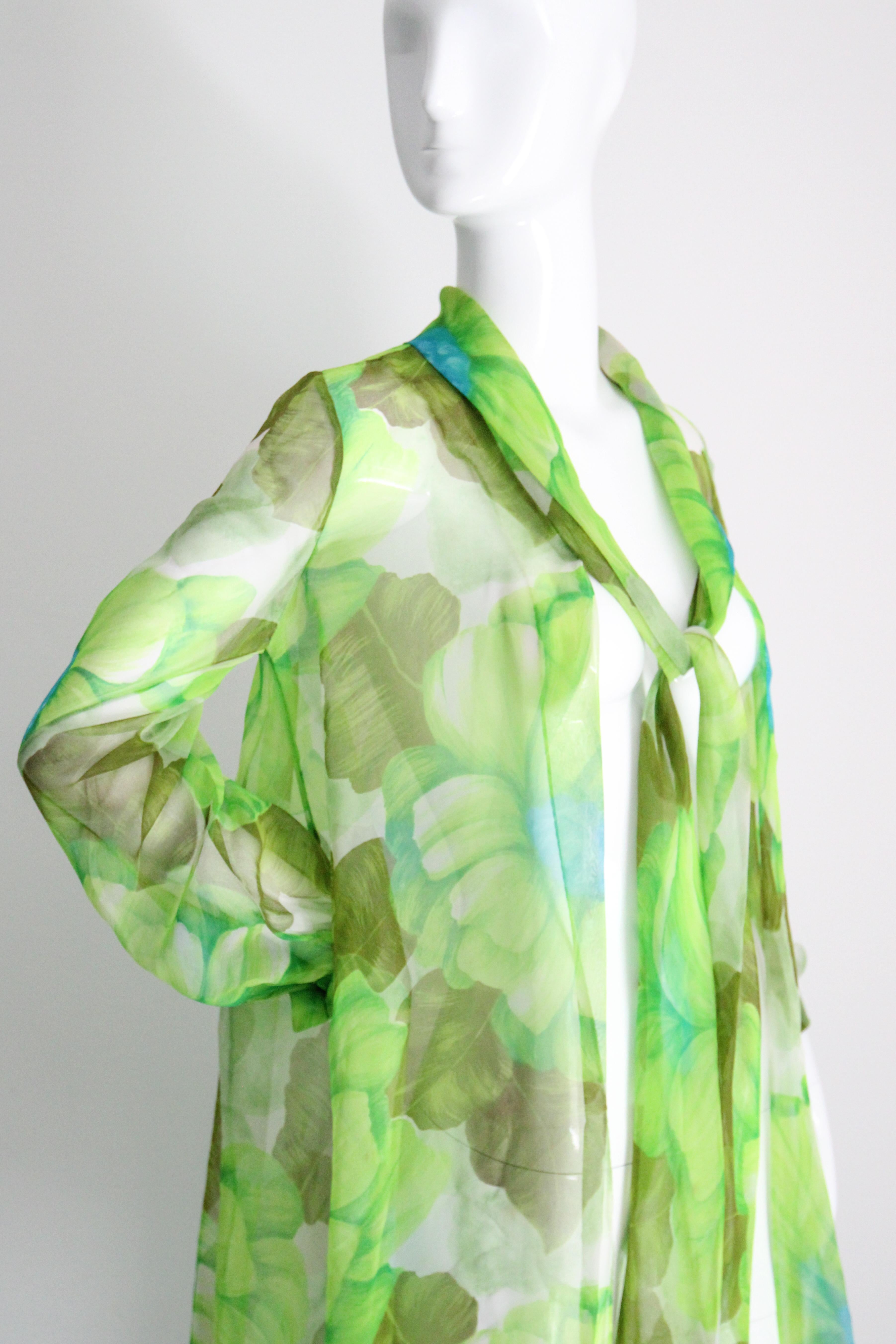 Vintage 1960's Green Floral Chiffon Dress and Coat Set Lime Green UK 8-10 US 4-6 For Sale 15