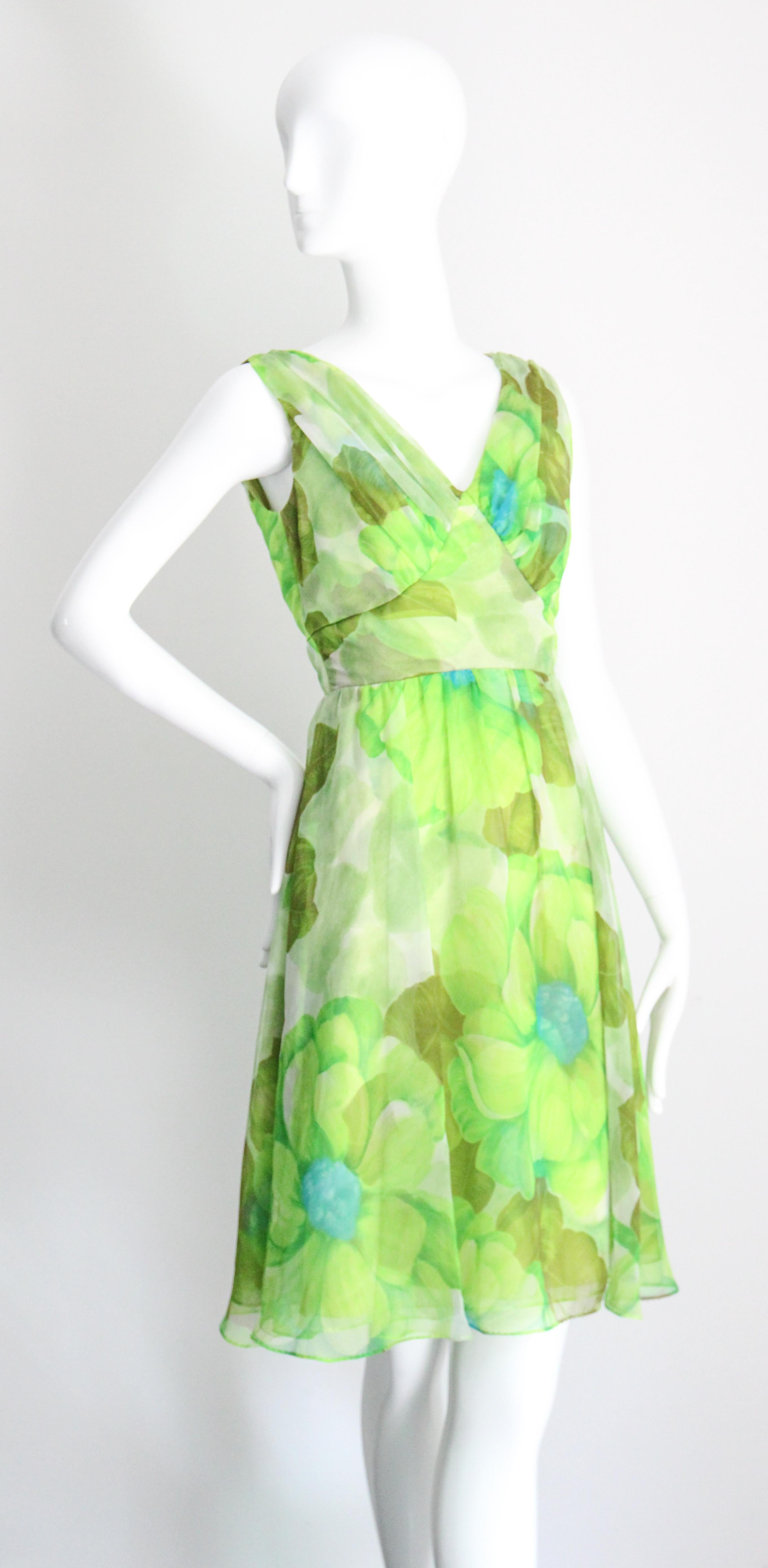 Women's Vintage 1960's Green Floral Chiffon Dress and Coat Set Lime Green UK 8-10 US 4-6 For Sale