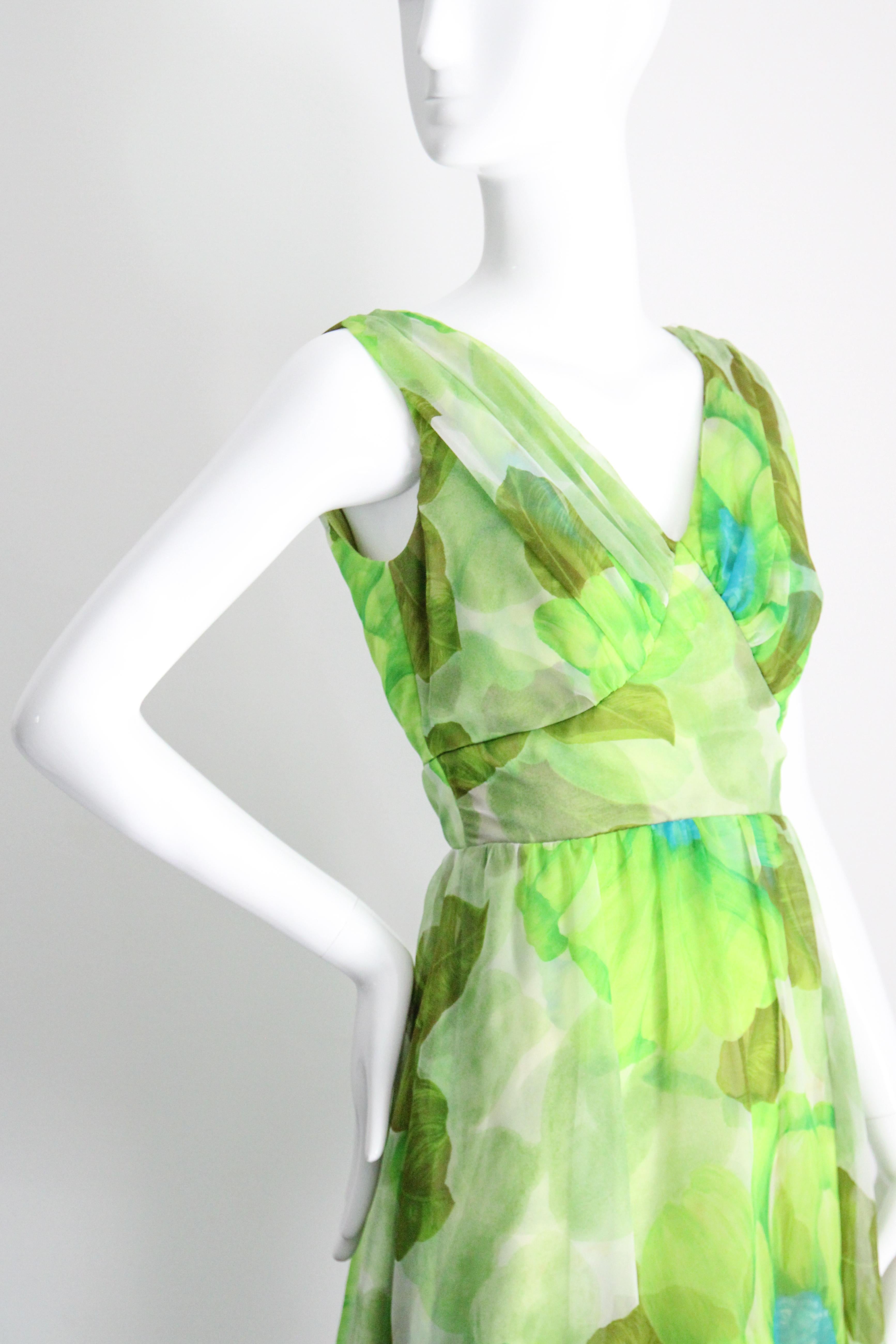 Vintage 1960's Green Floral Chiffon Dress and Coat Set Lime Green UK 8-10 US 4-6 For Sale 1