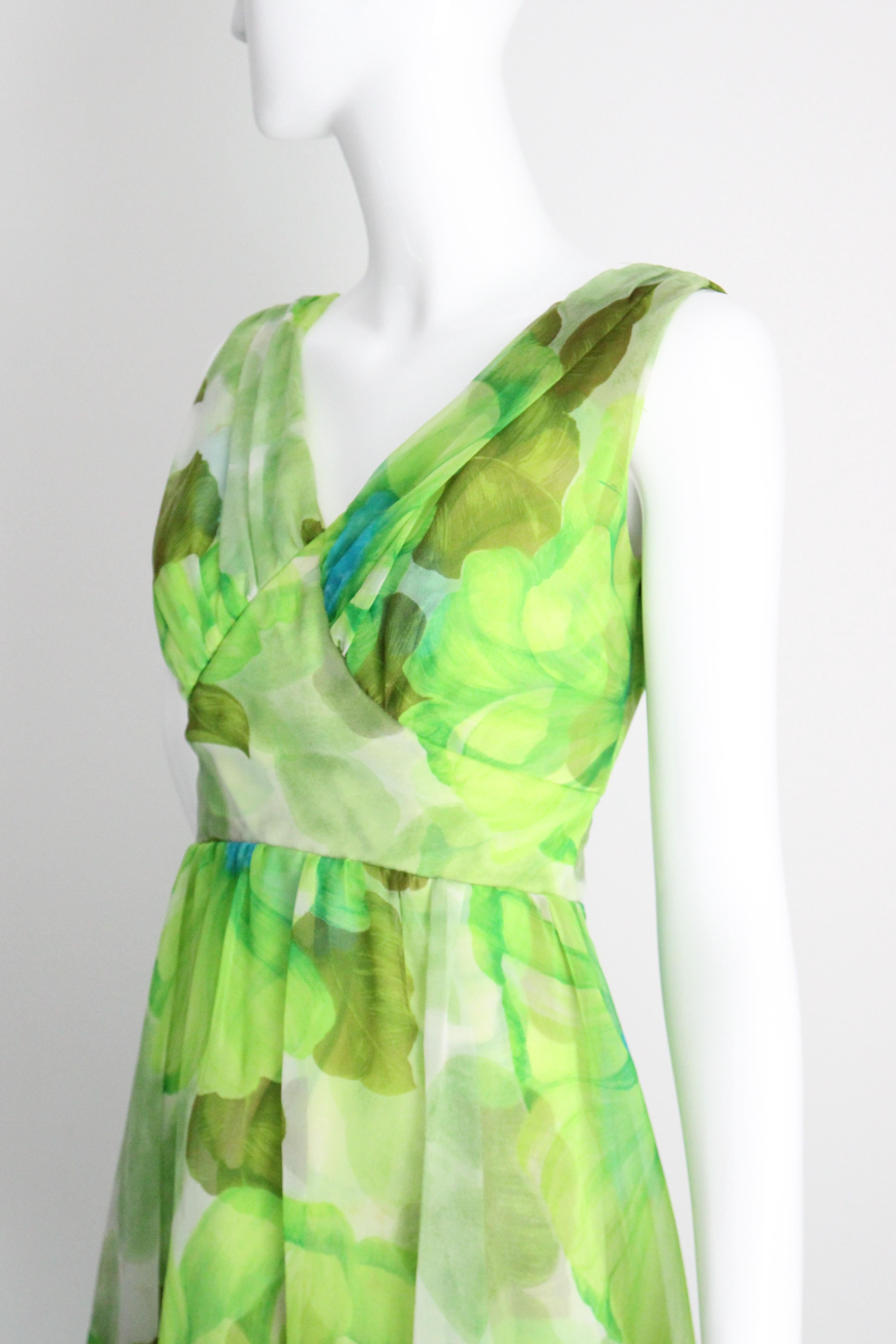 Vintage 1960's Green Floral Chiffon Dress and Coat Set Lime Green UK 8-10 US 4-6 For Sale 3