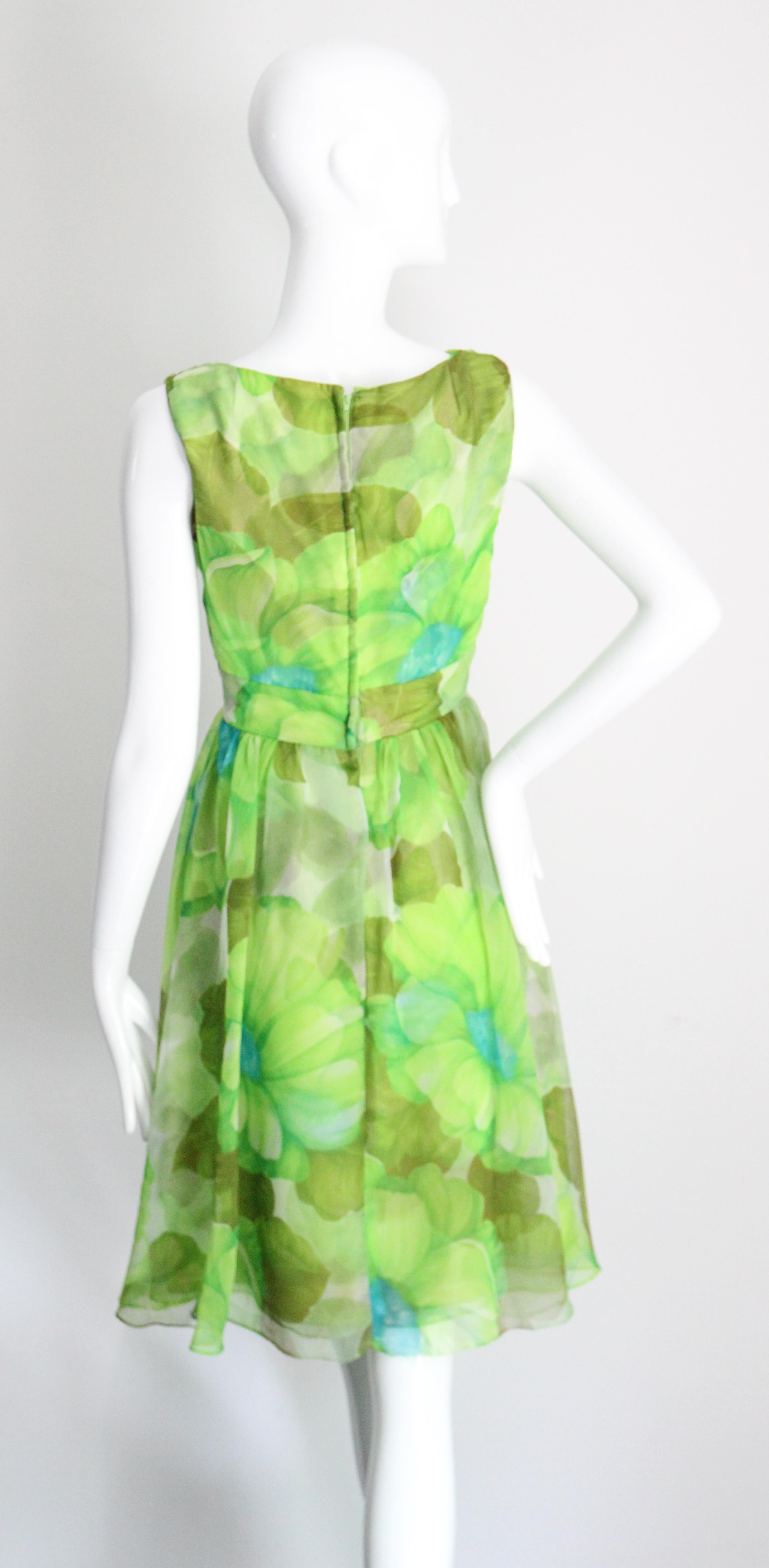 Vintage 1960's Green Floral Chiffon Dress and Coat Set Lime Green UK 8-10 US 4-6 For Sale 4