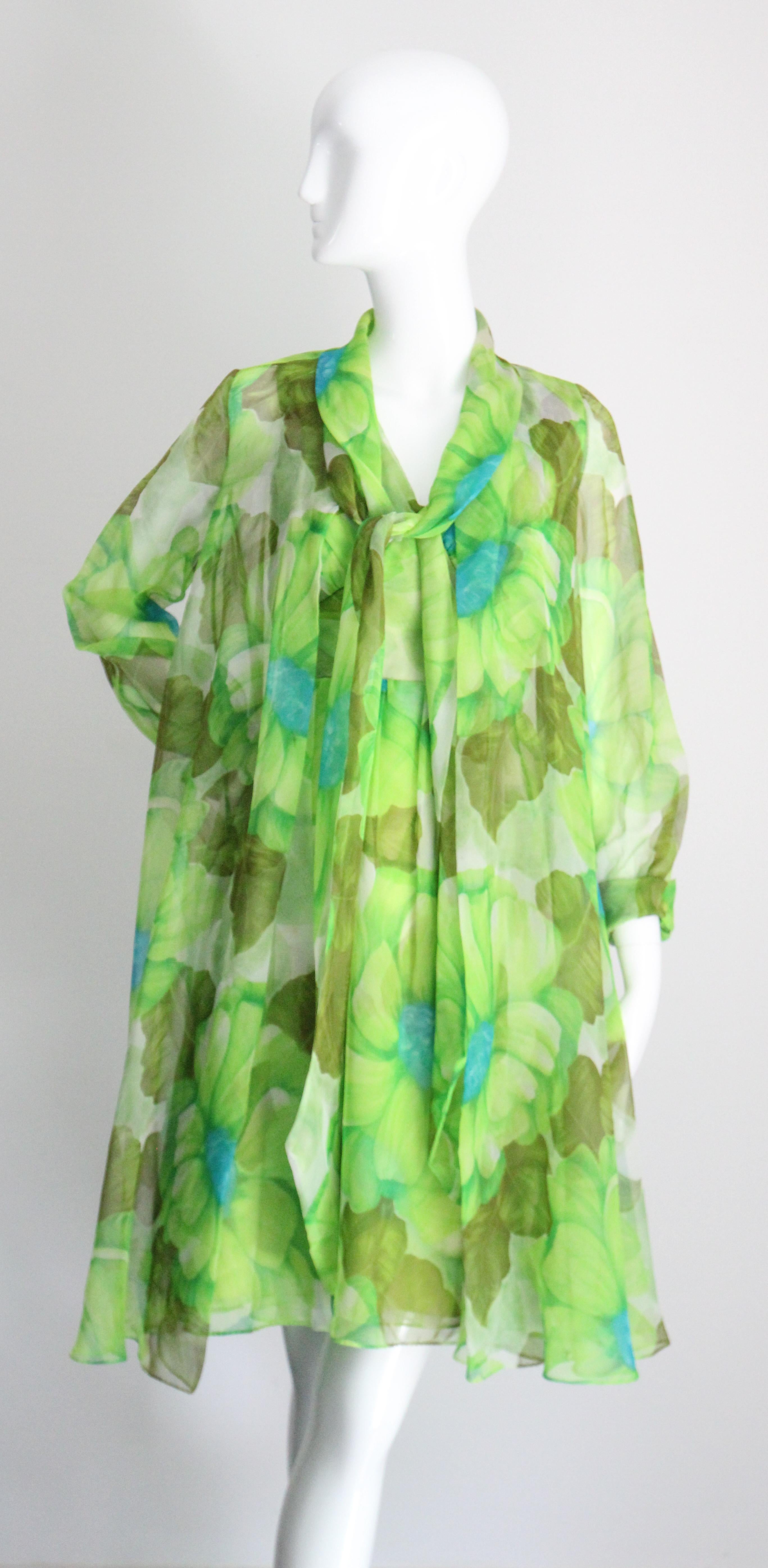 Vintage 1960's Green Floral Chiffon Dress and Coat Set Lime Green UK 8-10 US 4-6 For Sale 5