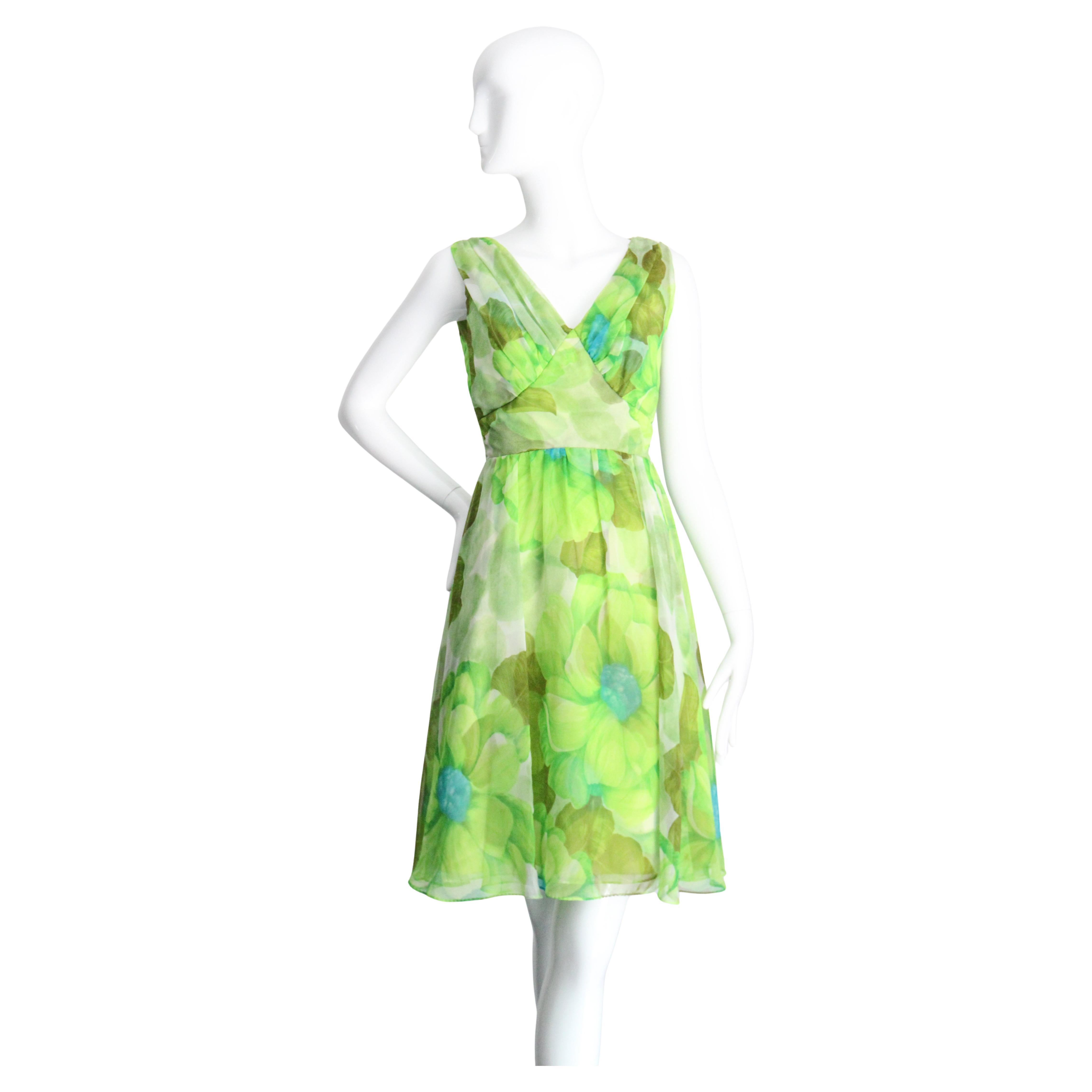 Vintage 1960's Green Floral Chiffon Dress and Coat Set Lime Green UK 8-10 US 4-6 For Sale