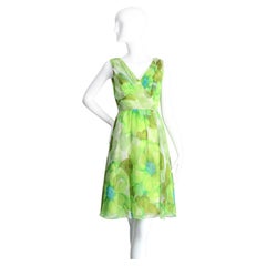 Vintage 1960's Green Floral Chiffon Dress and Coat Set Lime Green UK 8-10 US 4-6