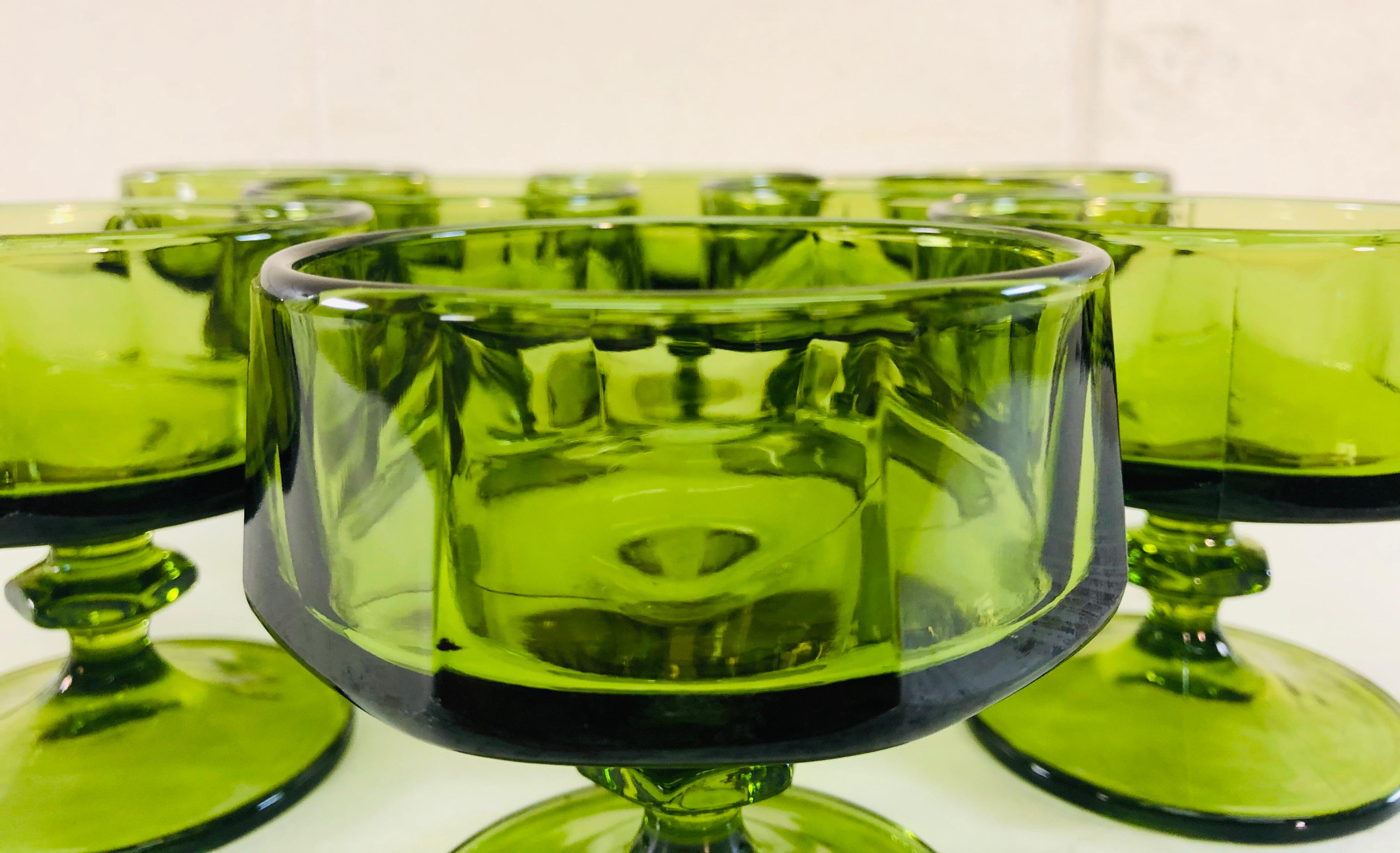 Mid-Century Modern Vintage 1960s Green Glass Low Coupes, Set of 8