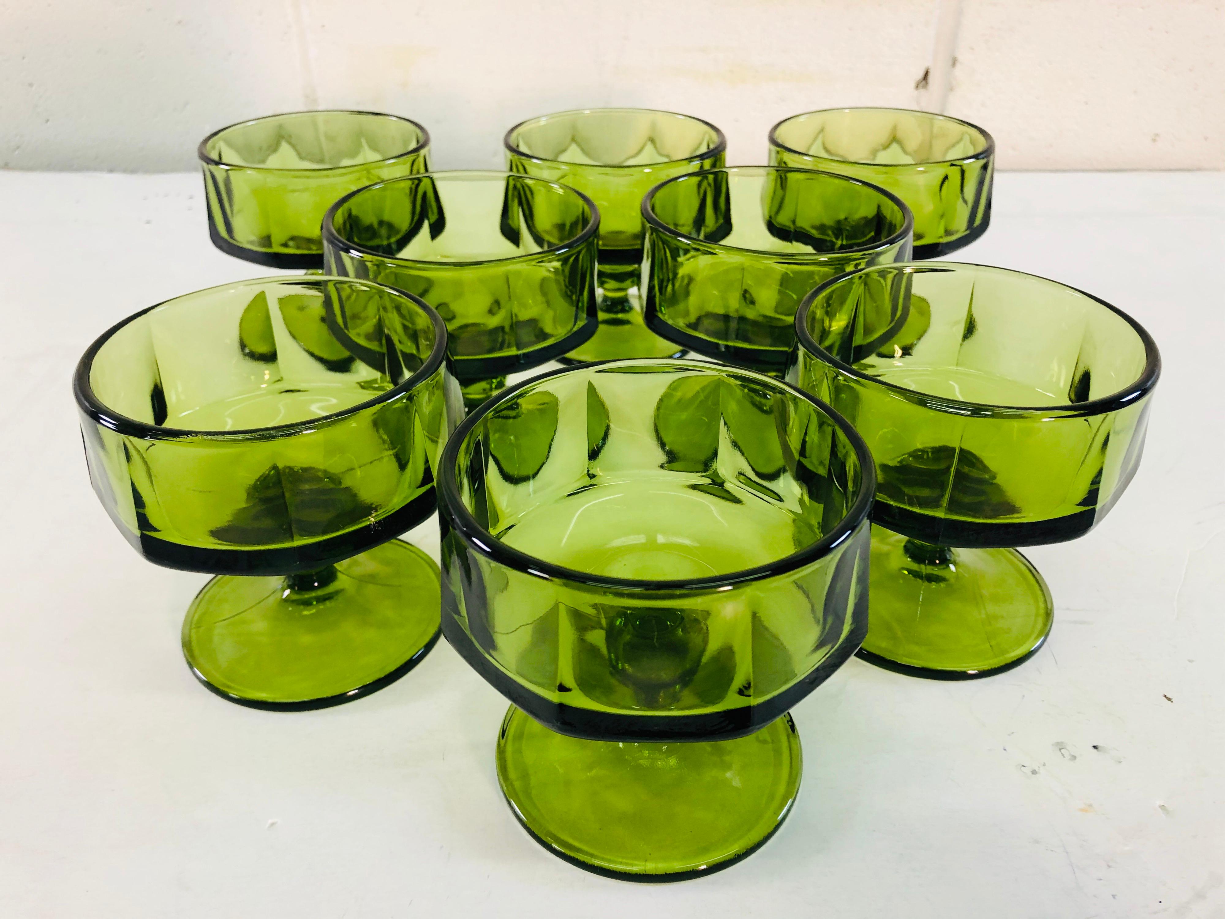 American Vintage 1960s Green Glass Low Coupes, Set of 8